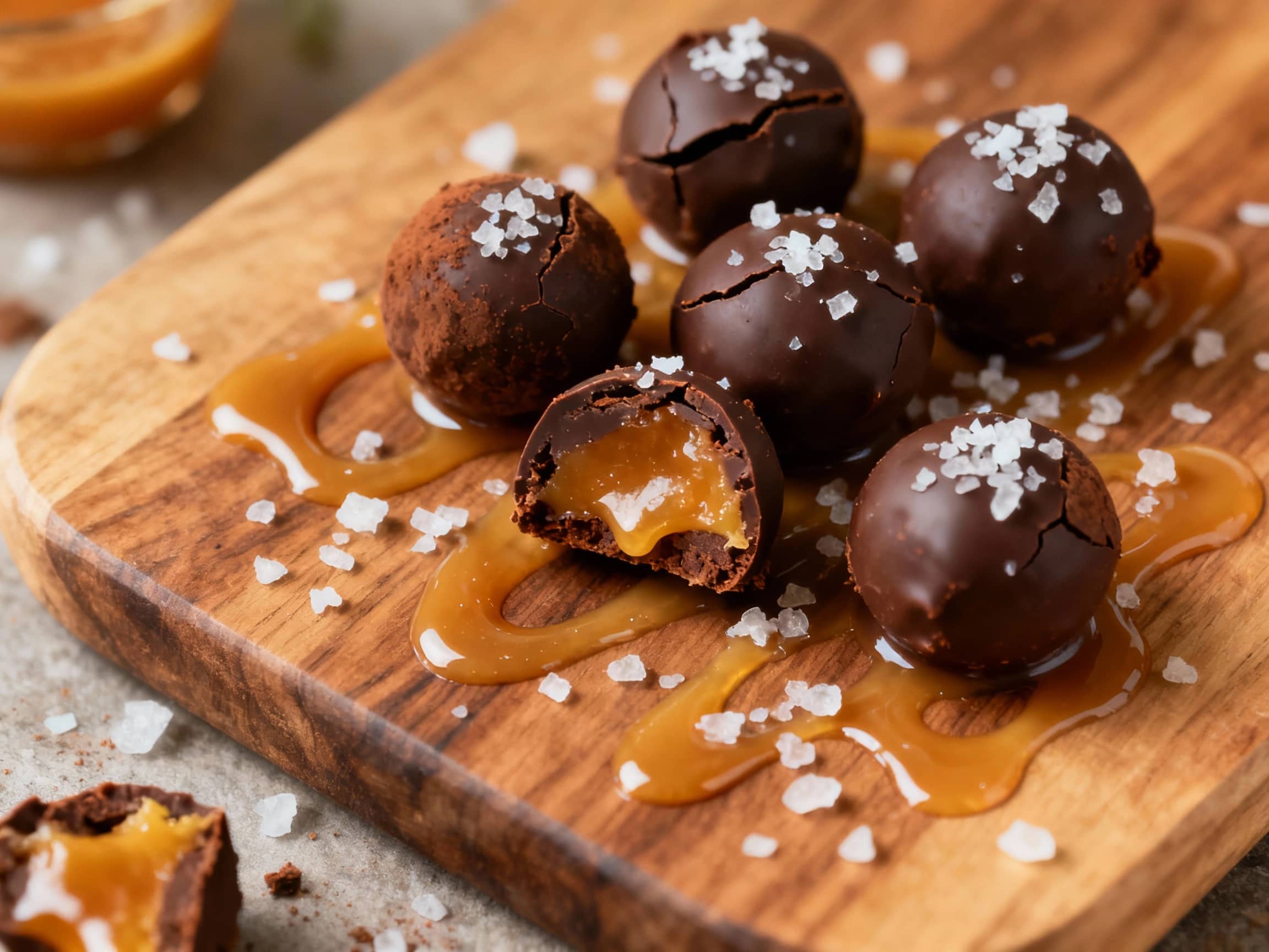 Rich, dark chocolate truffles dusted with cocoa powder sit nestled on parchment paper, glistening seductively under soft light, hinting at their decadent, salted caramel center.