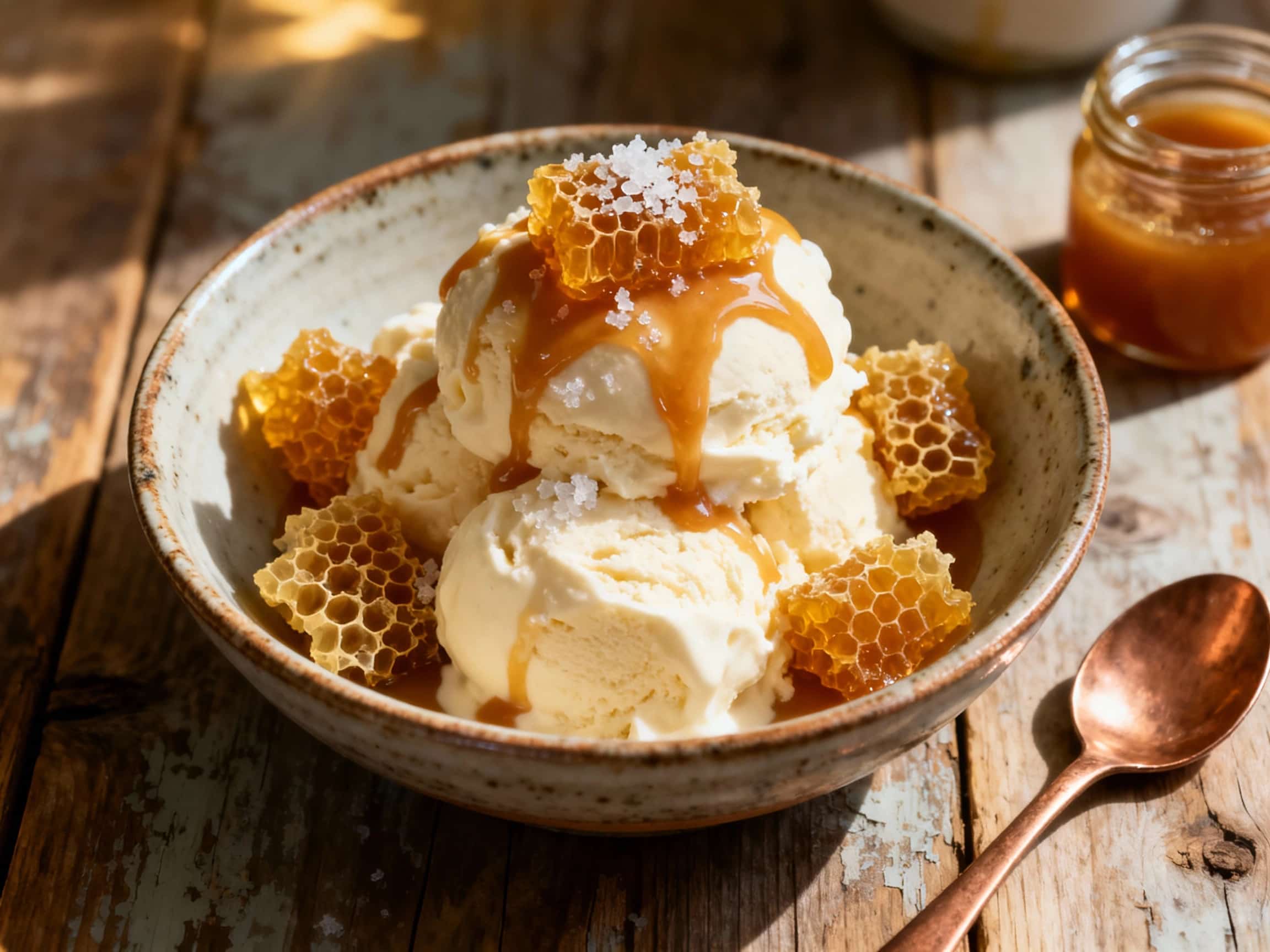 A generous scoop of creamy vanilla ice cream is partially submerged in a pool of shimmering, golden salted caramel sauce, crowned with crunchy golden hokey pokey pieces and a sprig of fresh mint.