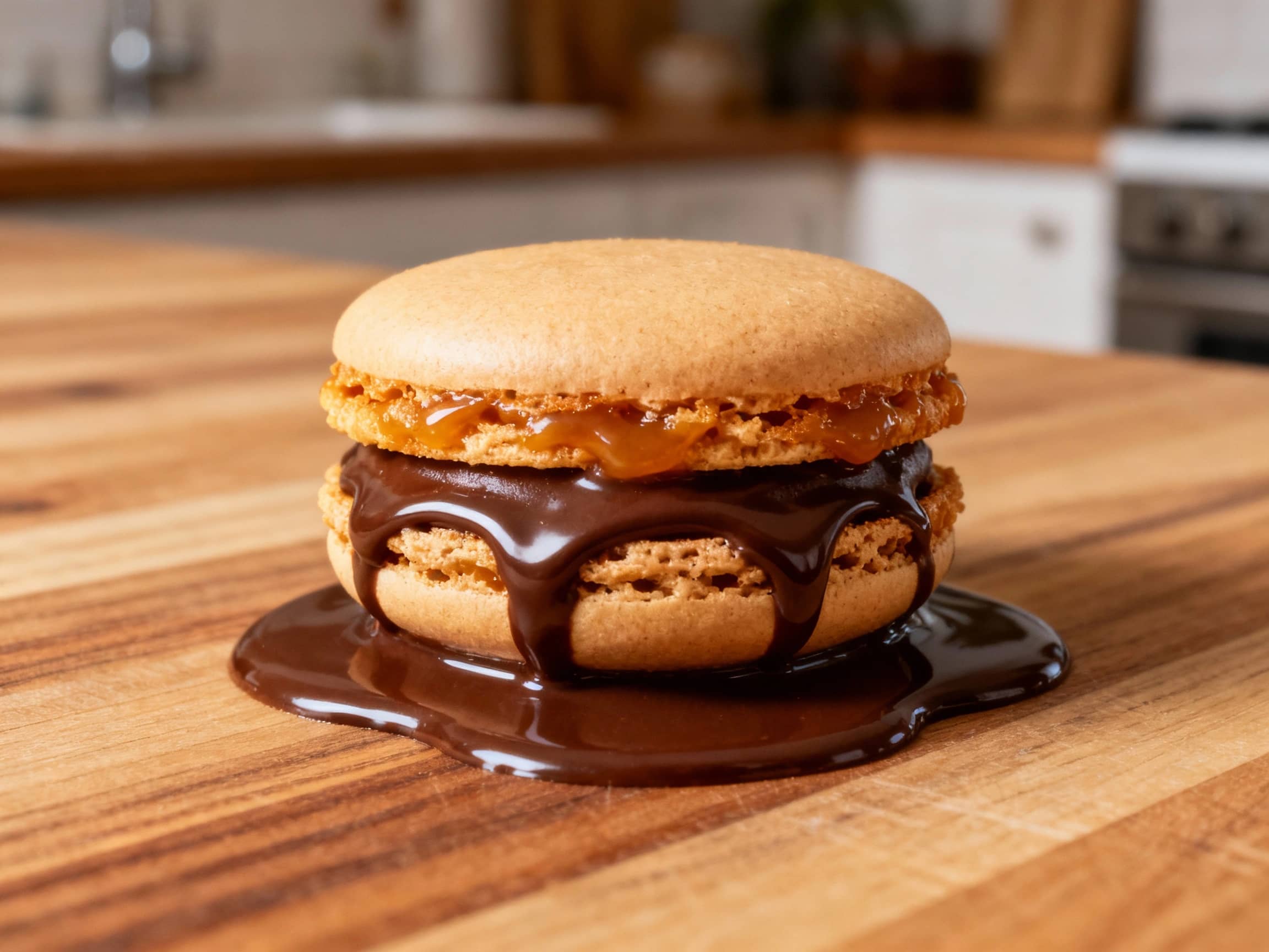 Perfectly baked, pale brown macarons glisten with a delicate salted caramel filling and are artfully drizzled with rich dark chocolate against a clean, light background.