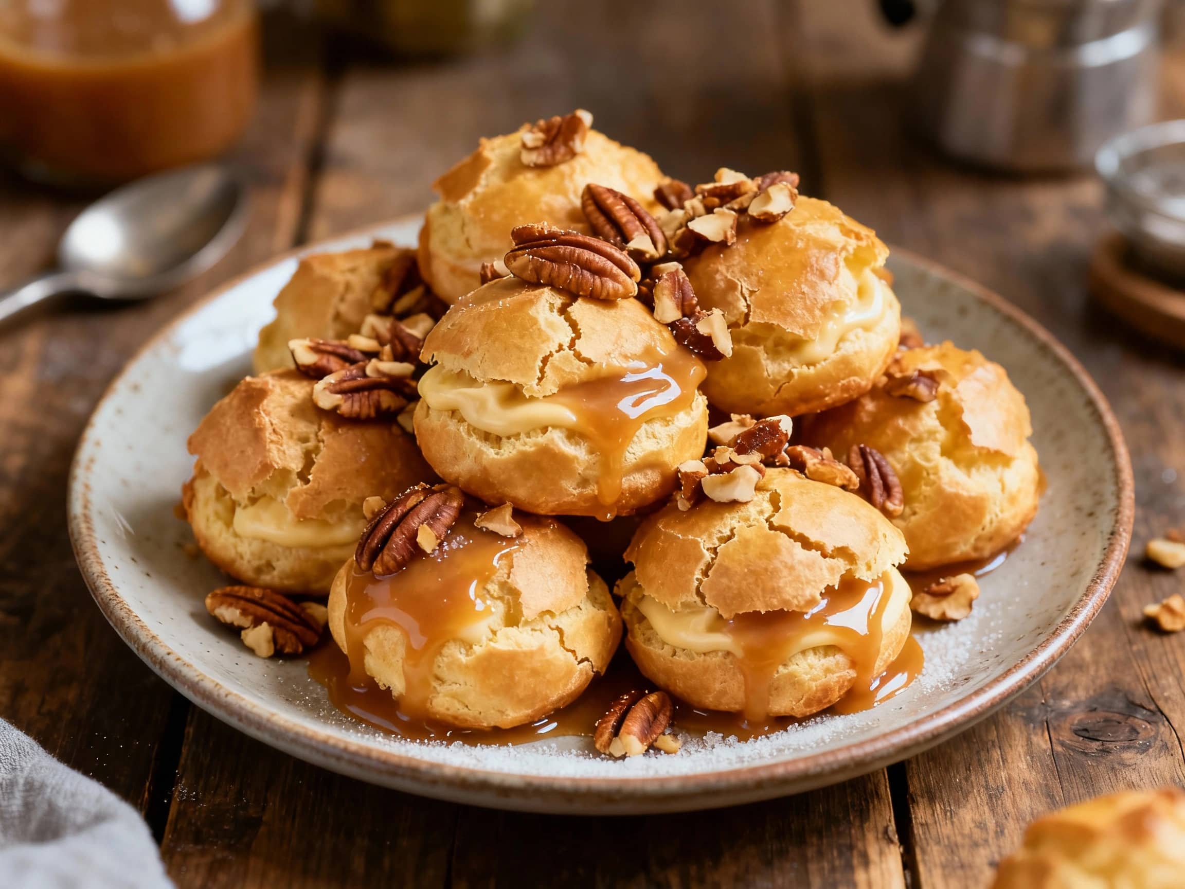 Golden-brown, crisp profiteroles are generously filled and drizzled with glistening salted caramel, then showered with crunchy pecan pieces for a decadent dessert.
