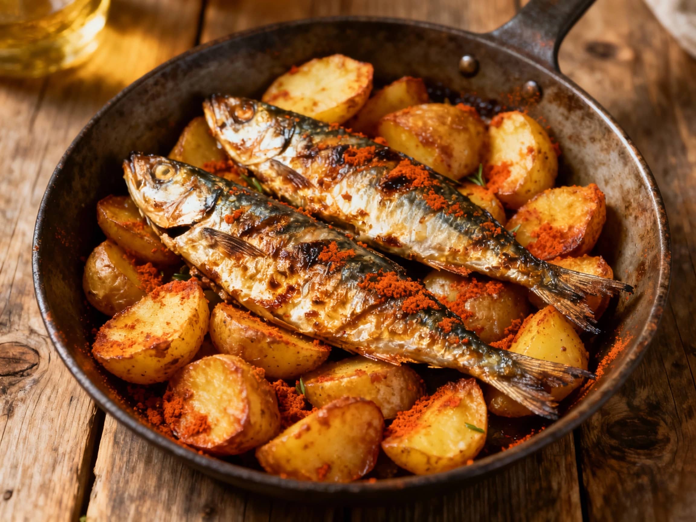 Flaming grilled sardines rest on a bed of smoky, pan-fried potato wedges, glistening under dim restaurant lighting that highlights their charred skin.