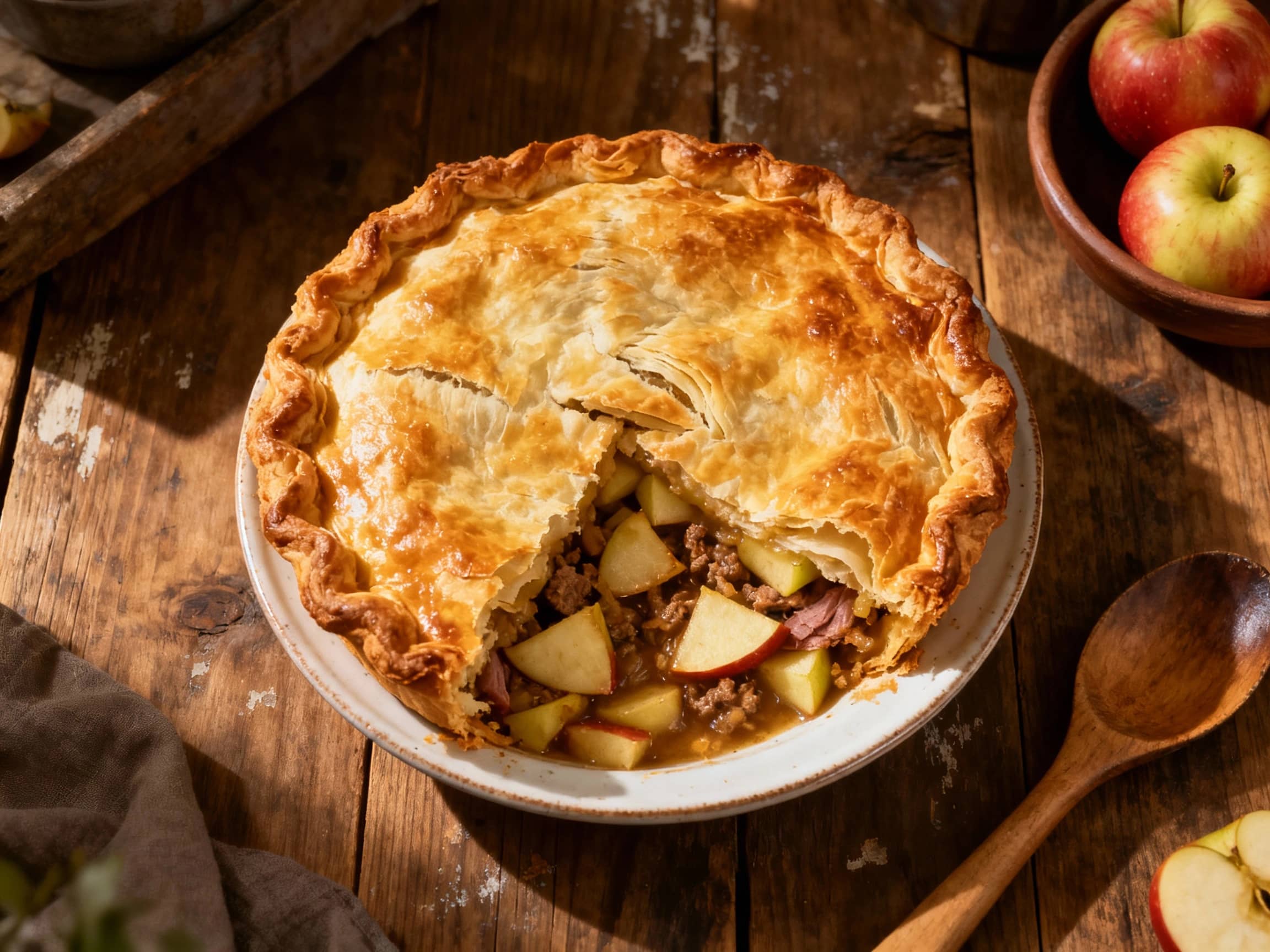 A golden-brown, rustic Wiltshire pie, sliced to reveal tender apples nestled in a rich cheddar filling, sits invitingly on a dark wooden board, ready to be enjoyed.