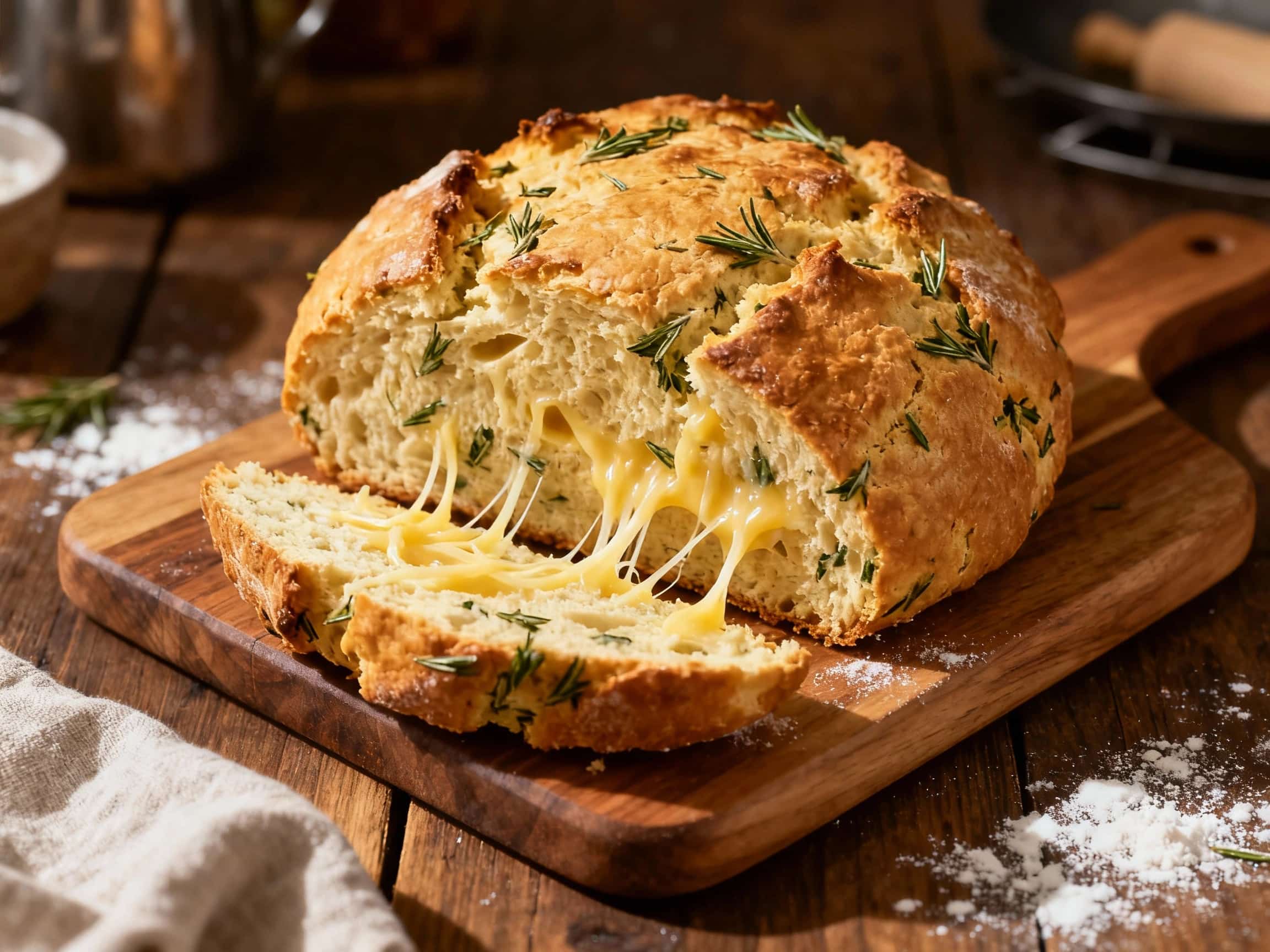 A rustic, golden-brown soda bread loaf, studded with herbs and cheese, sits on a wooden board, ready to be sliced and enjoyed.