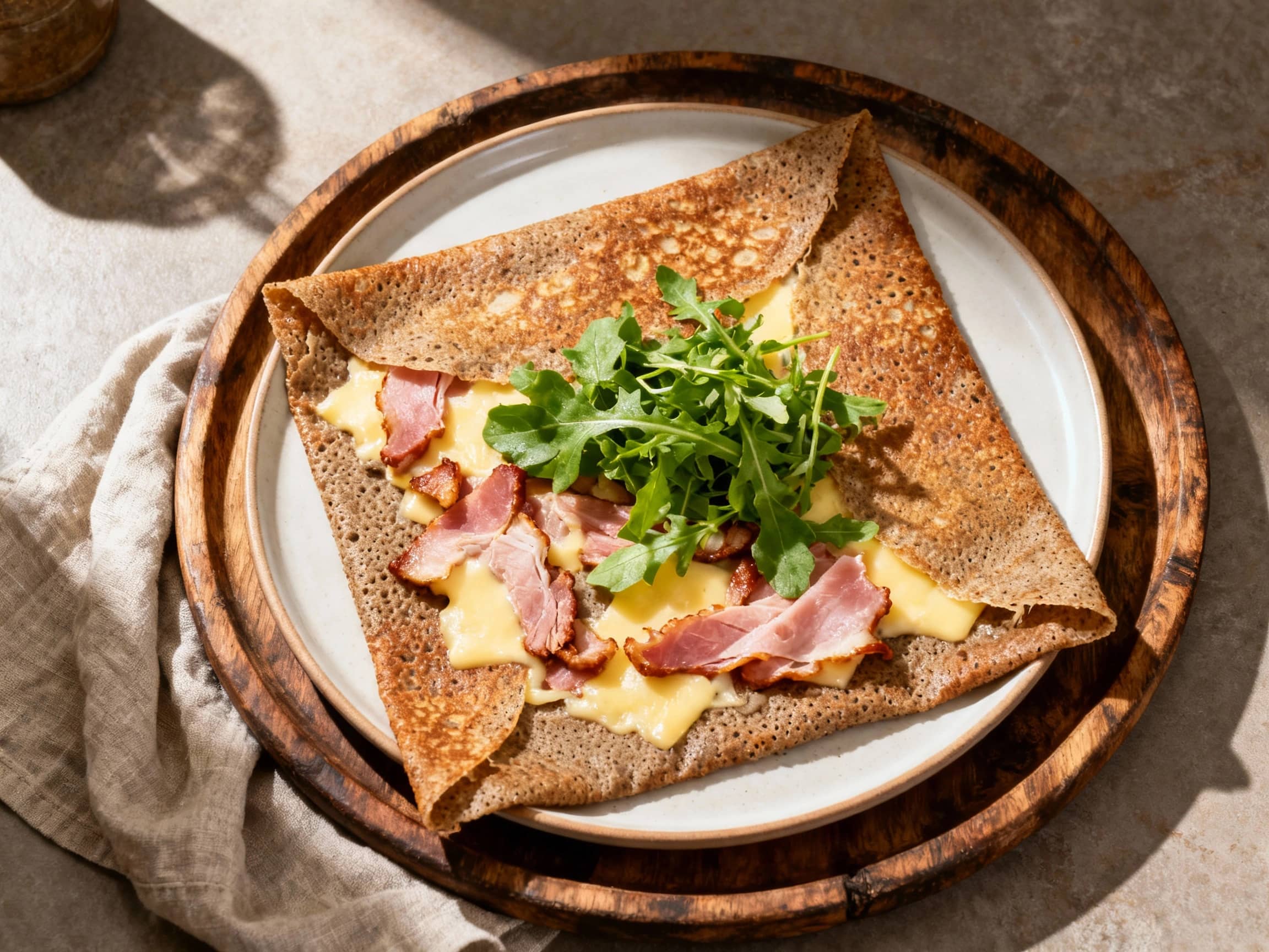 A rustic, golden-brown buckwheat galette is topped with a perfectly cooked sunny-side-up egg, melted Gruyère cheese, and crispy ham, all presented on a simple white plate.