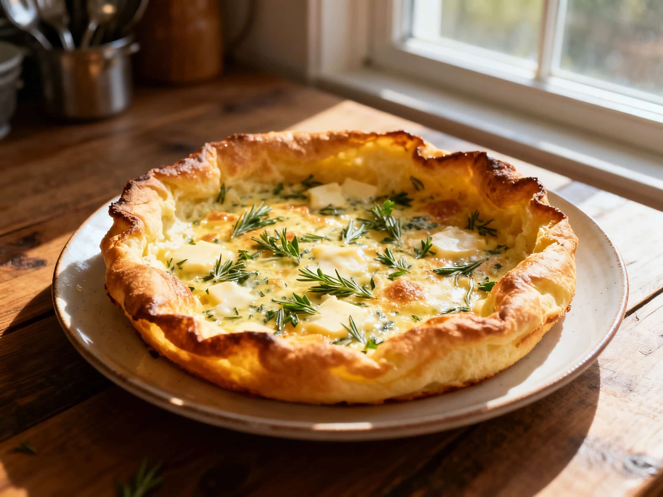 A golden-brown savory Dutch baby pancake, dramatically puffed high with crisp edges, fills a cast iron skillet. Melted sharp cheddar cheese and fresh green herbs like chives, parsley, and dill are sprinkled generously over its surface. The pancake presents a visual feast of textures, from the airy center to the slightly browned, crispy edges, suggesting a warm and flavorful dish ready to be enjoye