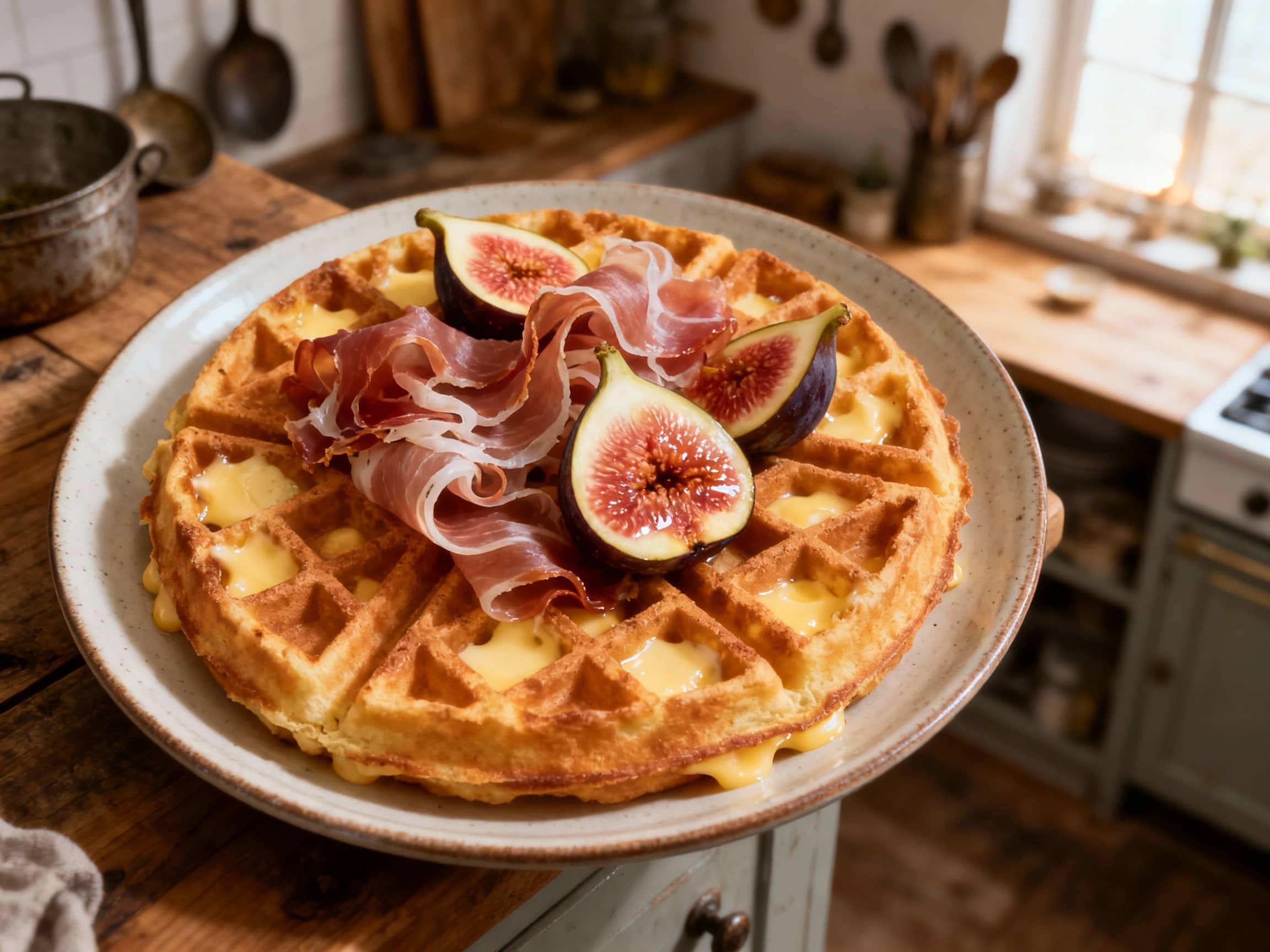 A golden-brown Liege waffle, crispy on the edges and soft within, is topped with thin slices of salty prosciutto, halved fresh figs, and a light dusting of powdered sugar.