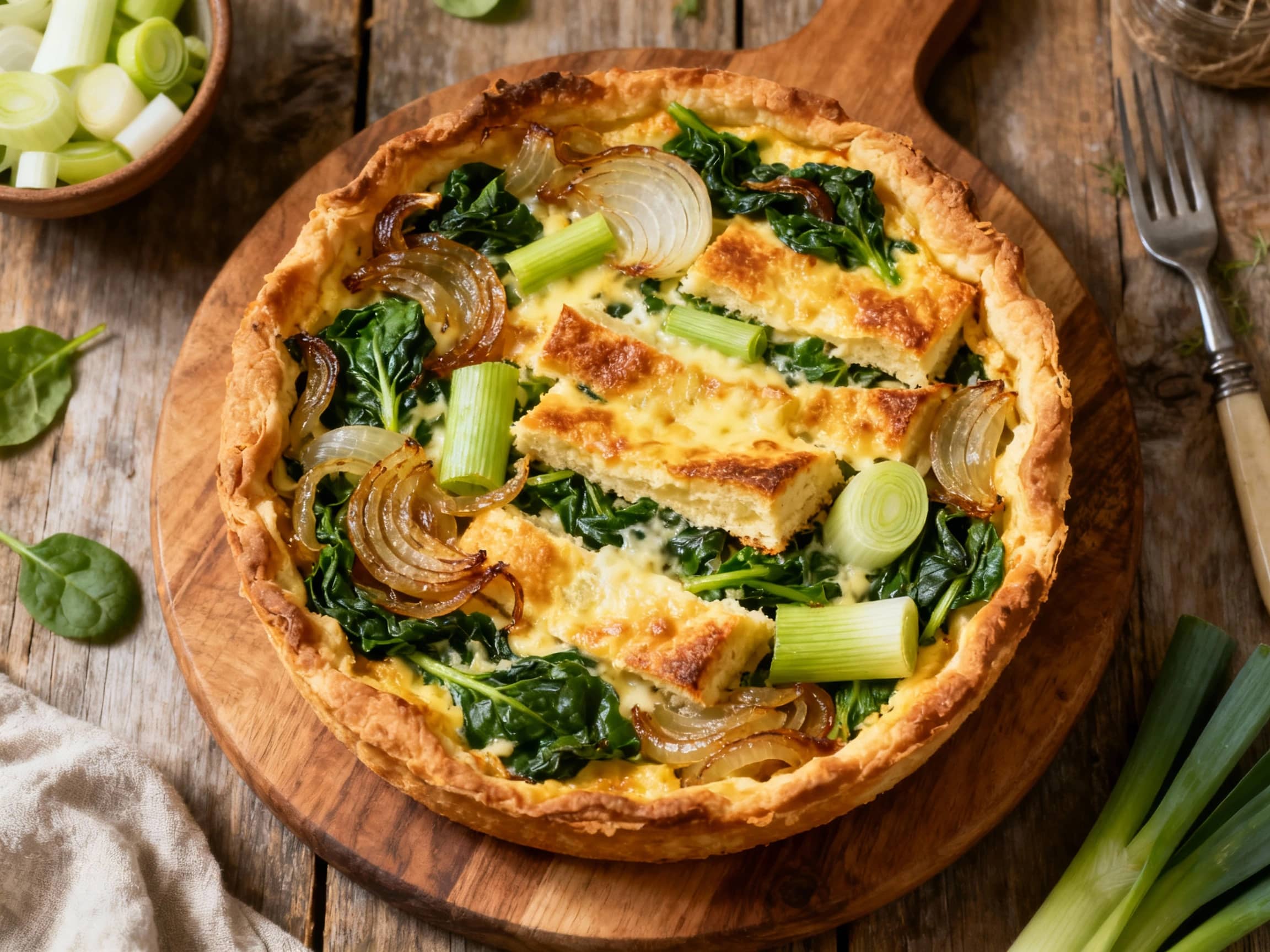 A golden-brown, flaky pastry tart is generously filled with a savory mix of onions, leeks, and spinach, baked to a perfect, comforting crust.