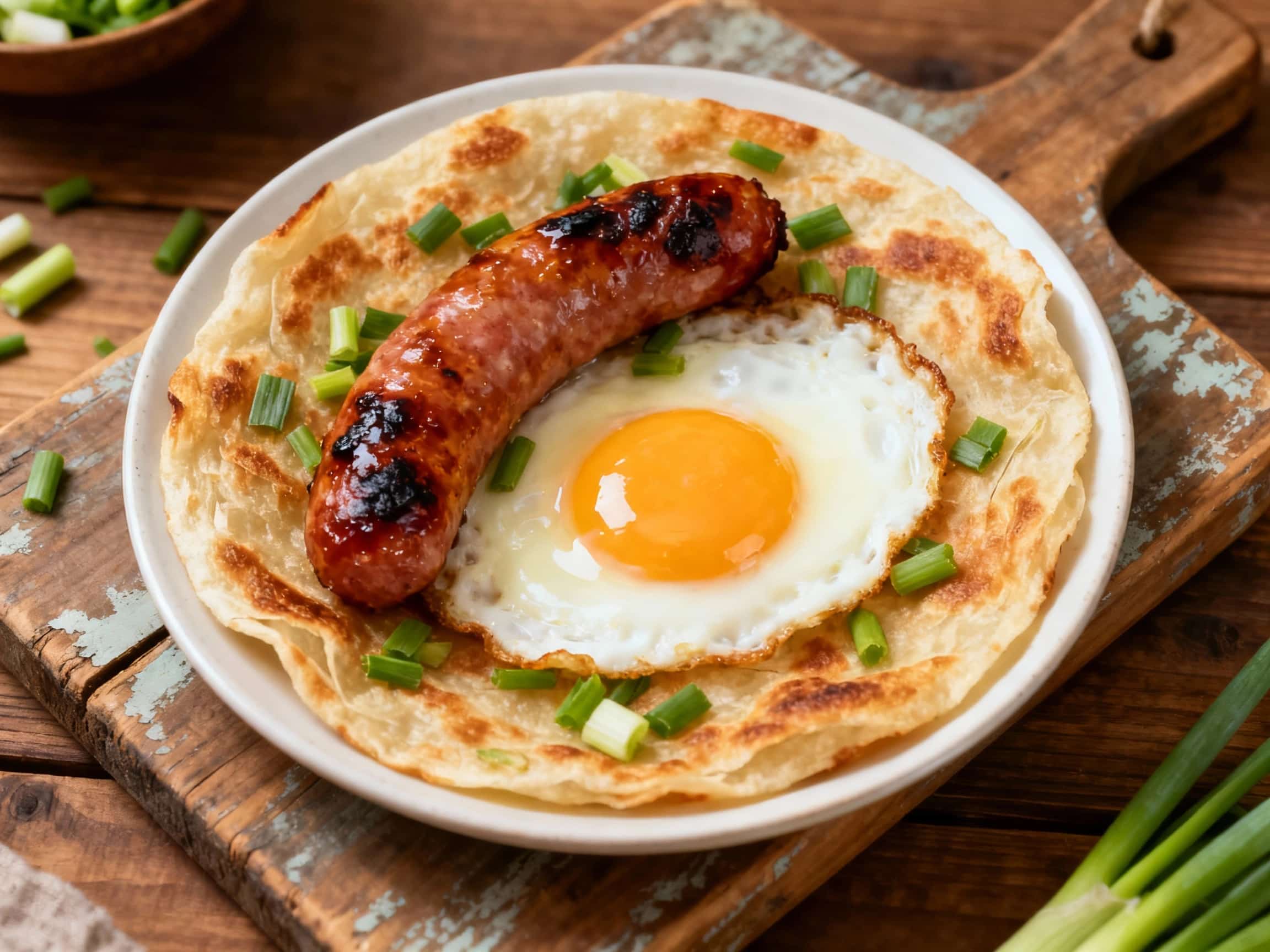 A golden-brown scallion pancake is folded around fluffy scrambled eggs and slices of Taiwanese sausage, creating a delicious breakfast wrap perfect for a quick meal.
