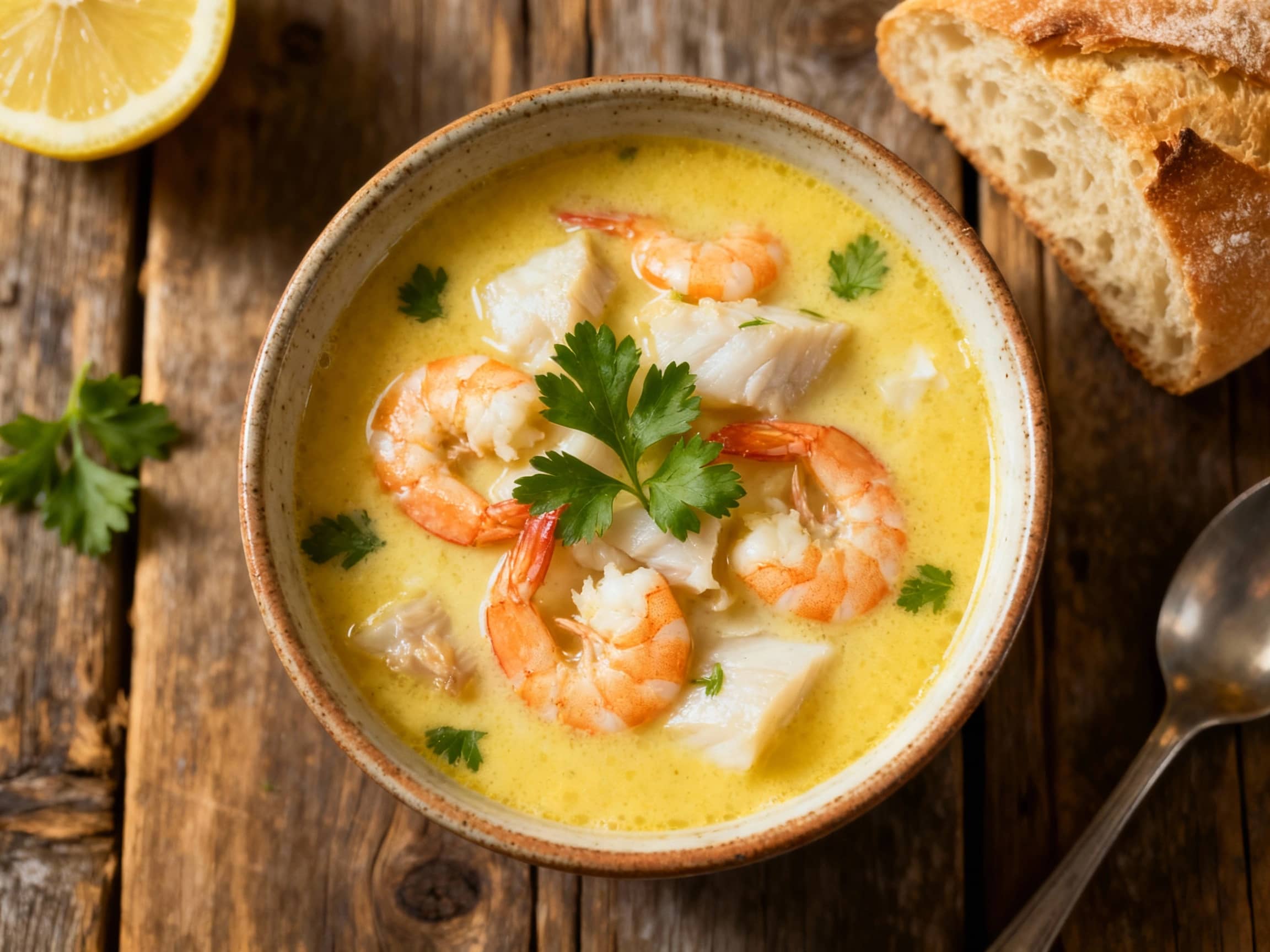 A steaming bowl of golden Avgolemono soup, rich with tender pieces of cod, plump shrimp, and a swirl of fluffy egg-lemon mixture, is garnished with fresh parsley.