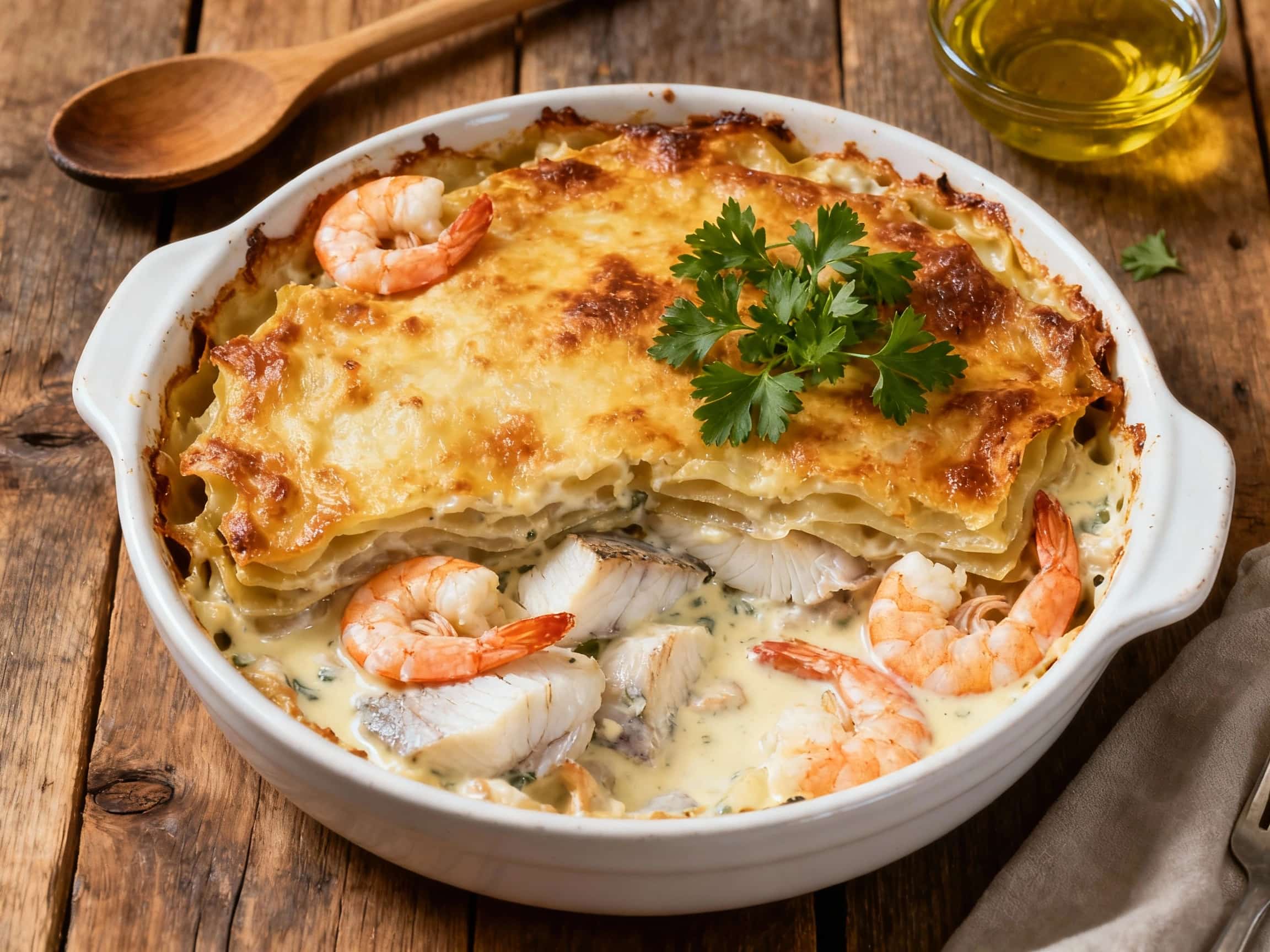 A rustic, oven-baked moussaka features layers of tender white fish and plump shrimp nestled under a creamy béchamel sauce, baked to golden perfection in a shallow ceramic dish.