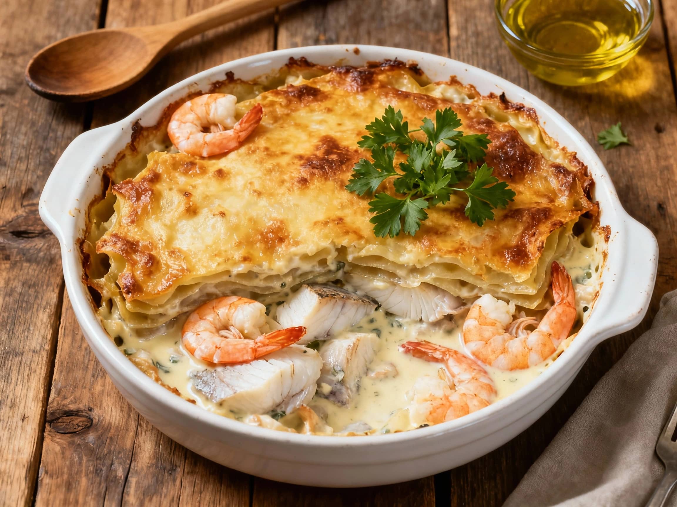 A rustic, oven-baked moussaka features layers of tender white fish and plump shrimp nestled under a creamy béchamel sauce, baked to golden perfection in a shallow ceramic dish.