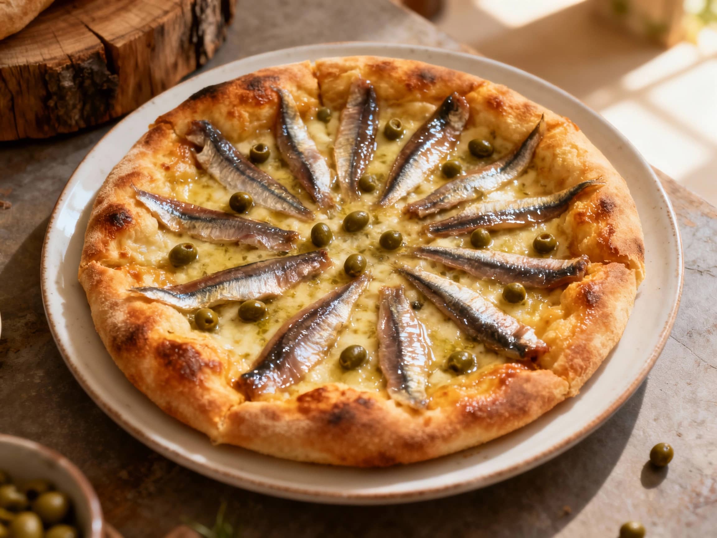 A close-up of a rustic, rectangular Sfincione Pizza on a wooden board, showcasing its thick, airy crust and generous toppings. The golden-brown surface is covered with a rich red tomato sauce, tender caramelized onions, numerous glistening silver anchovy fillets, and dark green capers. Several pieces of the pizza have been sliced, revealing the soft interior and inviting texture. The image is take