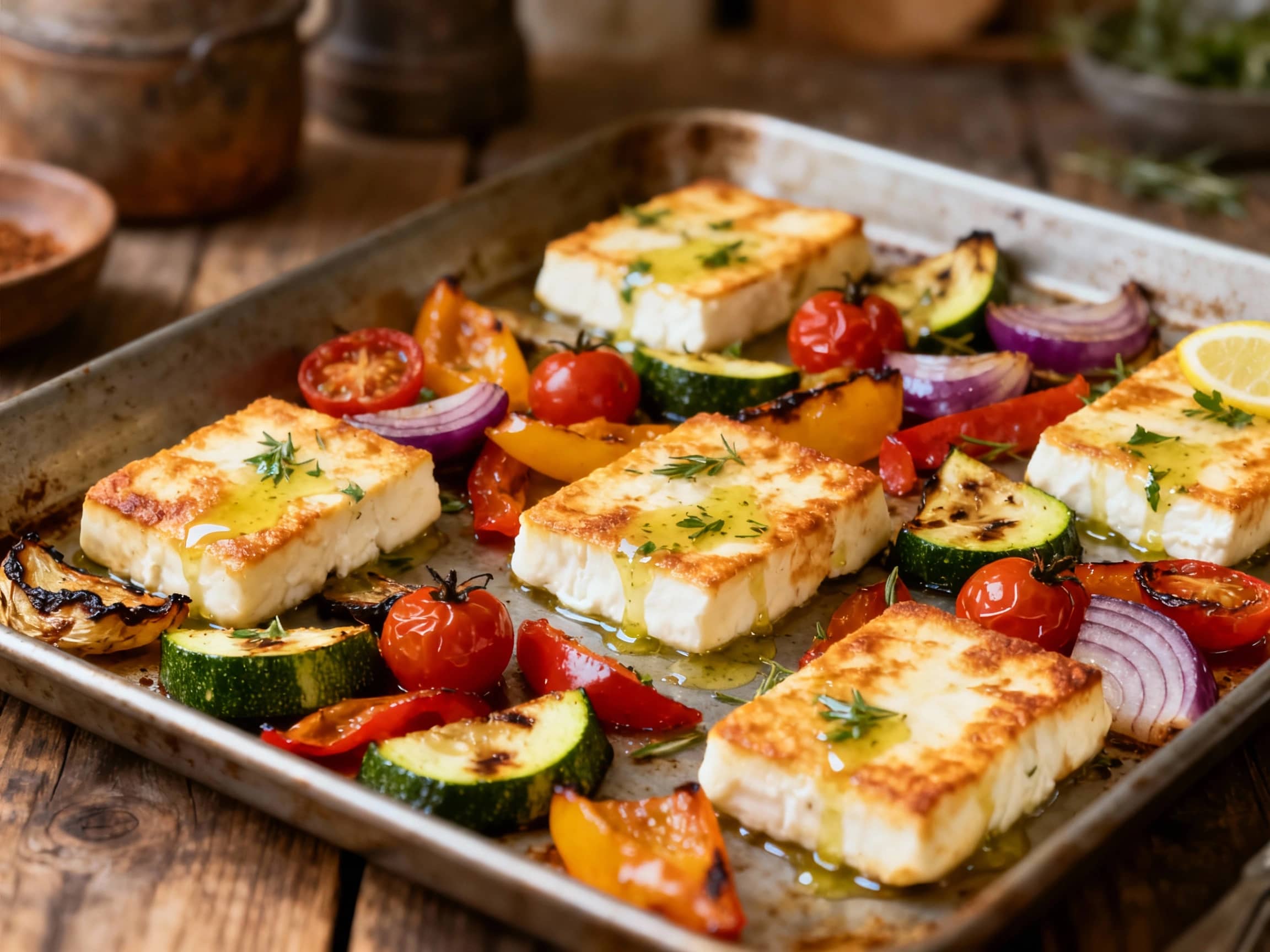 Golden-brown halloumi cheese and vibrant roasted vegetables like bell peppers and zucchini are artfully arranged on a rustic baking sheet, ready to be drizzled with a bright lemon herb dressing.