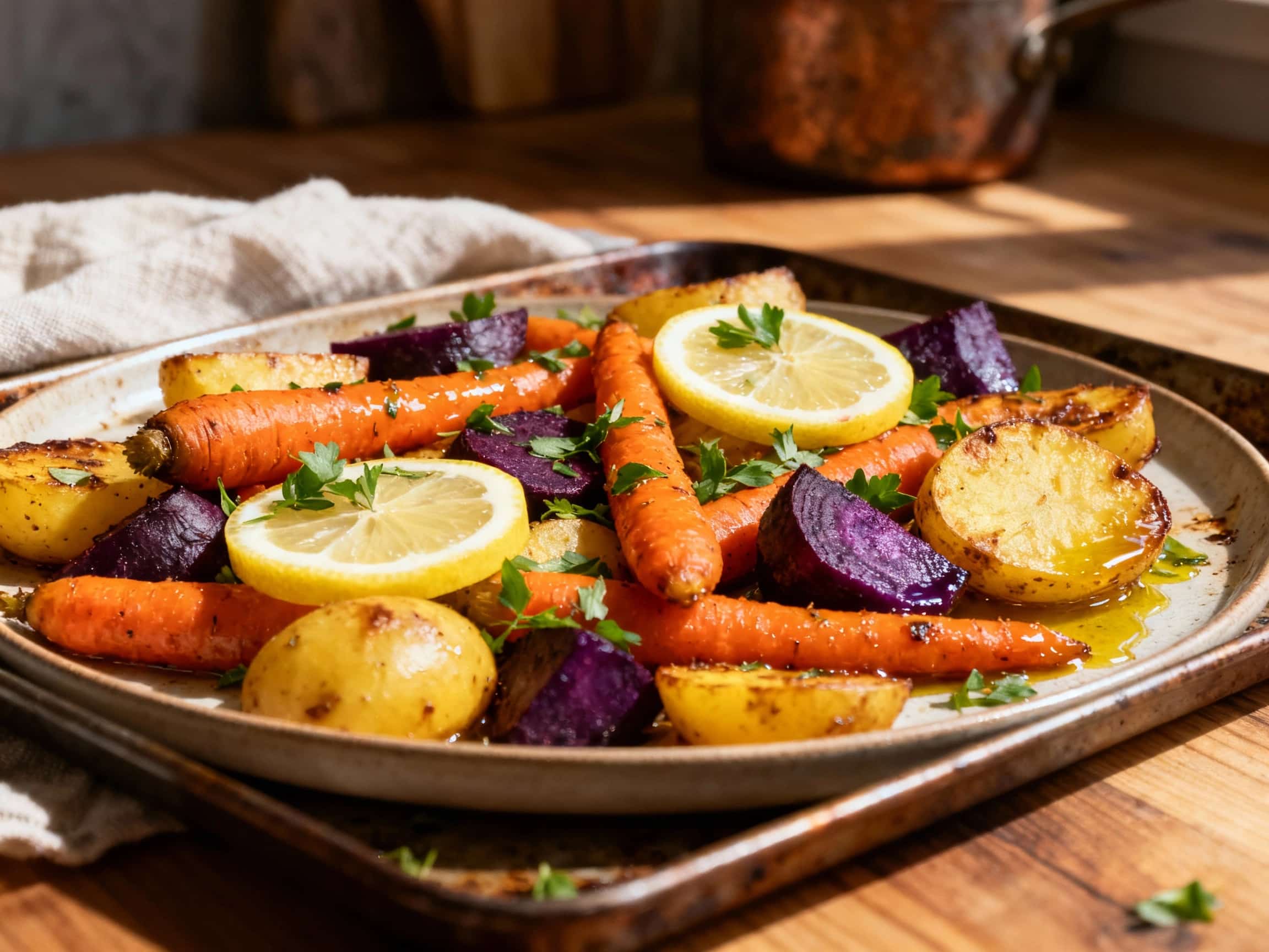 A colorful medley of roasted root vegetables like carrots, parsnips, and potatoes is tossed with fresh herbs and lemon, glistening lightly under warm light on a rustic metal sheet pan.