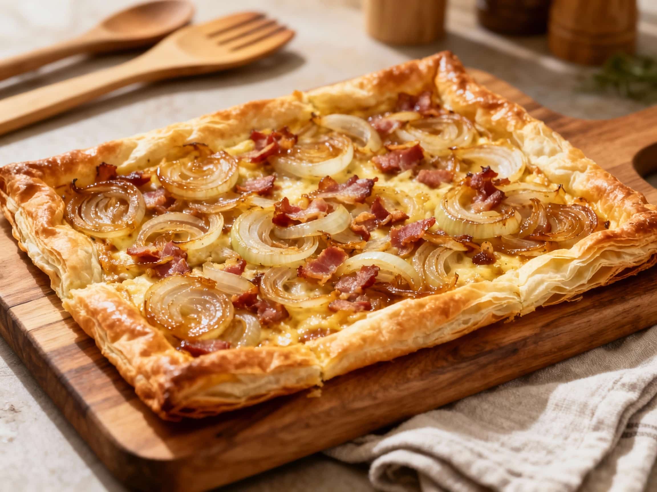 A golden-brown sheet pan of Zwiebelkuchen, featuring a flaky puff pastry base topped with caramelized onions and savory custard, is sliced and ready to serve.