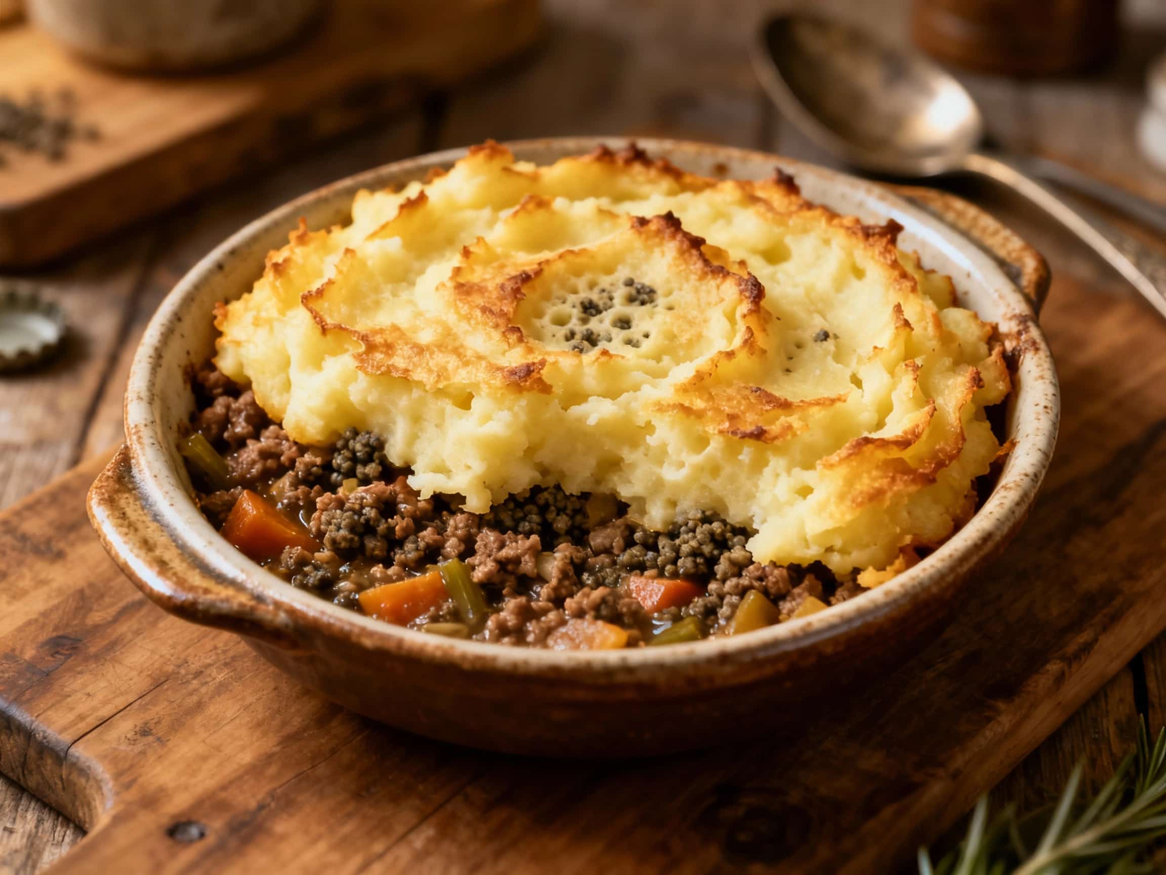 A hearty shepherd's pie, topped with a golden-brown, bubbly layer of mashed potatoes, revealing a rich, savory haggis filling underneath.