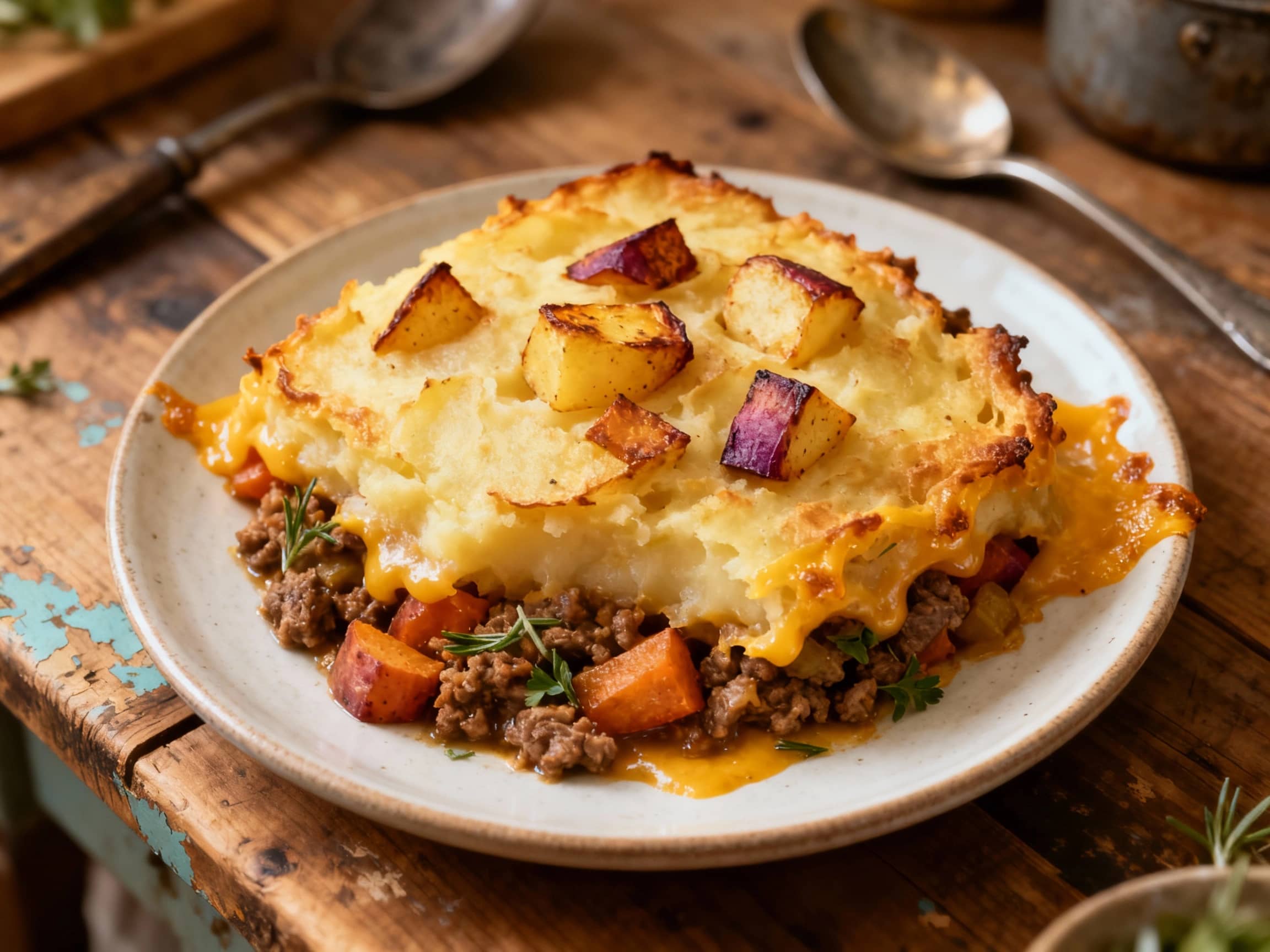 A golden-brown crust of mashed root vegetables blankets a savory meat filling in this hearty Shepherd's Pie, ready to be served.