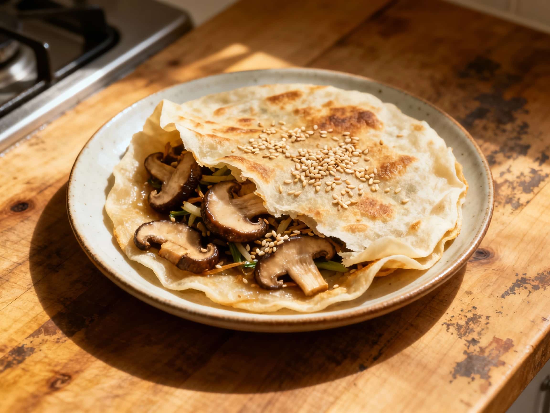 Golden-brown Chinese scallion pancakes are layered with tender shiitake mushrooms and glossy sesame seeds, appealing to the eye with their crisp edges and savory, vegetarian aroma.