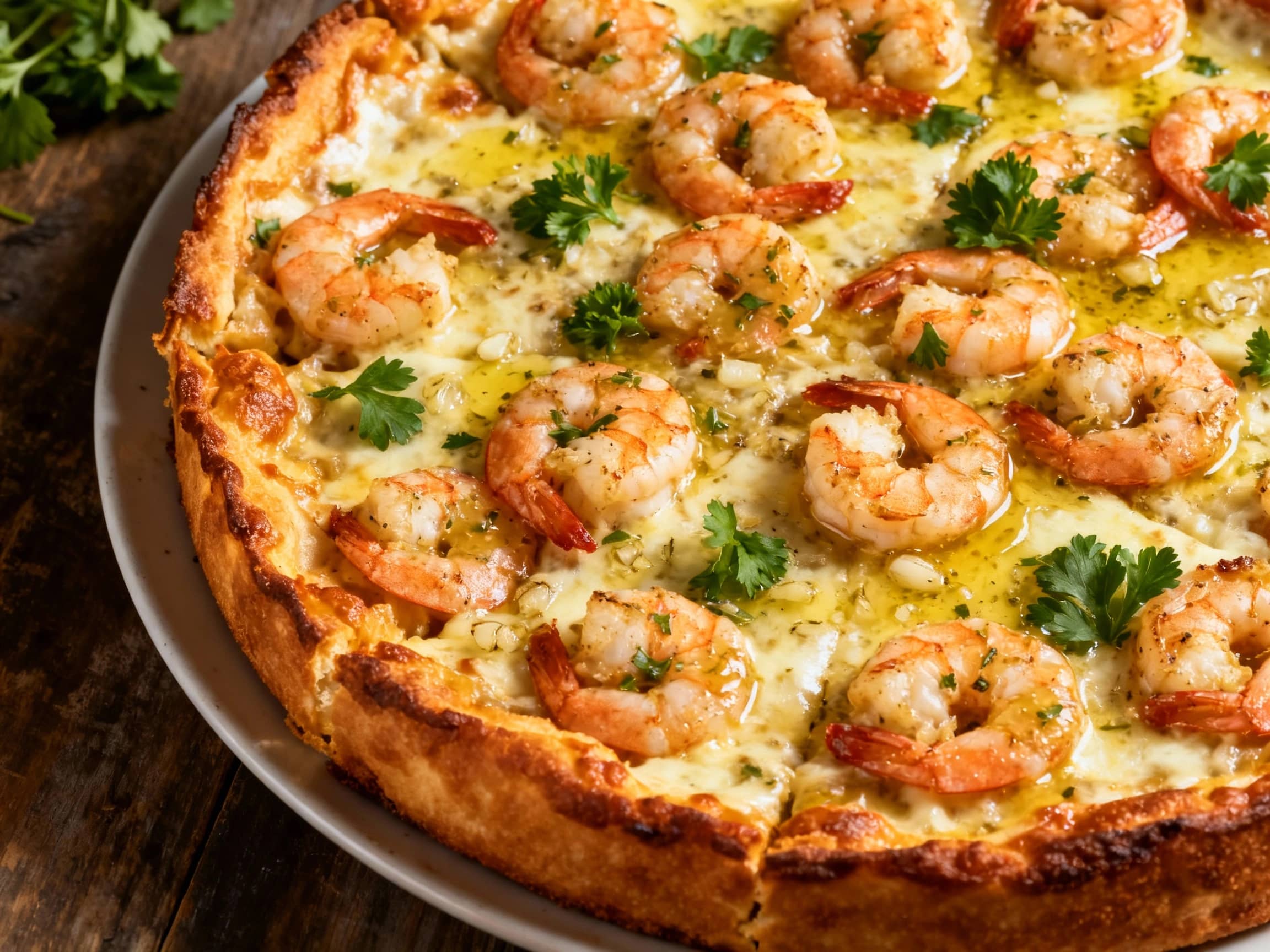A close-up, overhead view of a freshly baked Shrimp Scampi Detroit Pan Pizza, still in its square cast iron pan. The thick, airy crust is golden-brown with characteristic crispy, caramelized cheese edges. Succulent pink shrimp are scattered generously over a rich, bubbly layer of melted mozzarella and Parmesan cheeses, adorned with vibrant green chopped parsley and bright yellow lemon zest. The ov