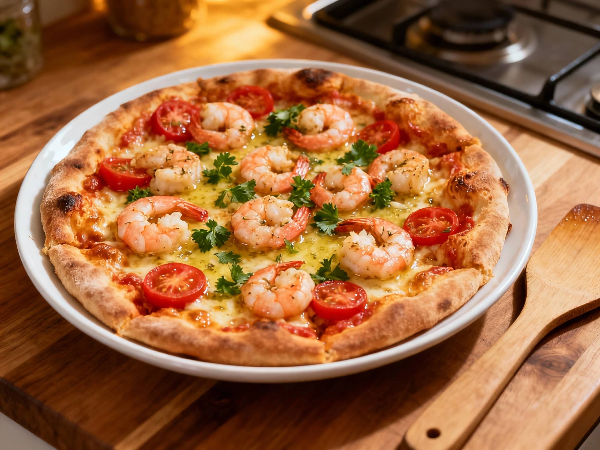 A golden-brown pizza topped with plump, pink shrimp, glistening garlic butter, and fresh green parsley, baked to bubbly perfection and ready to be enjoyed.