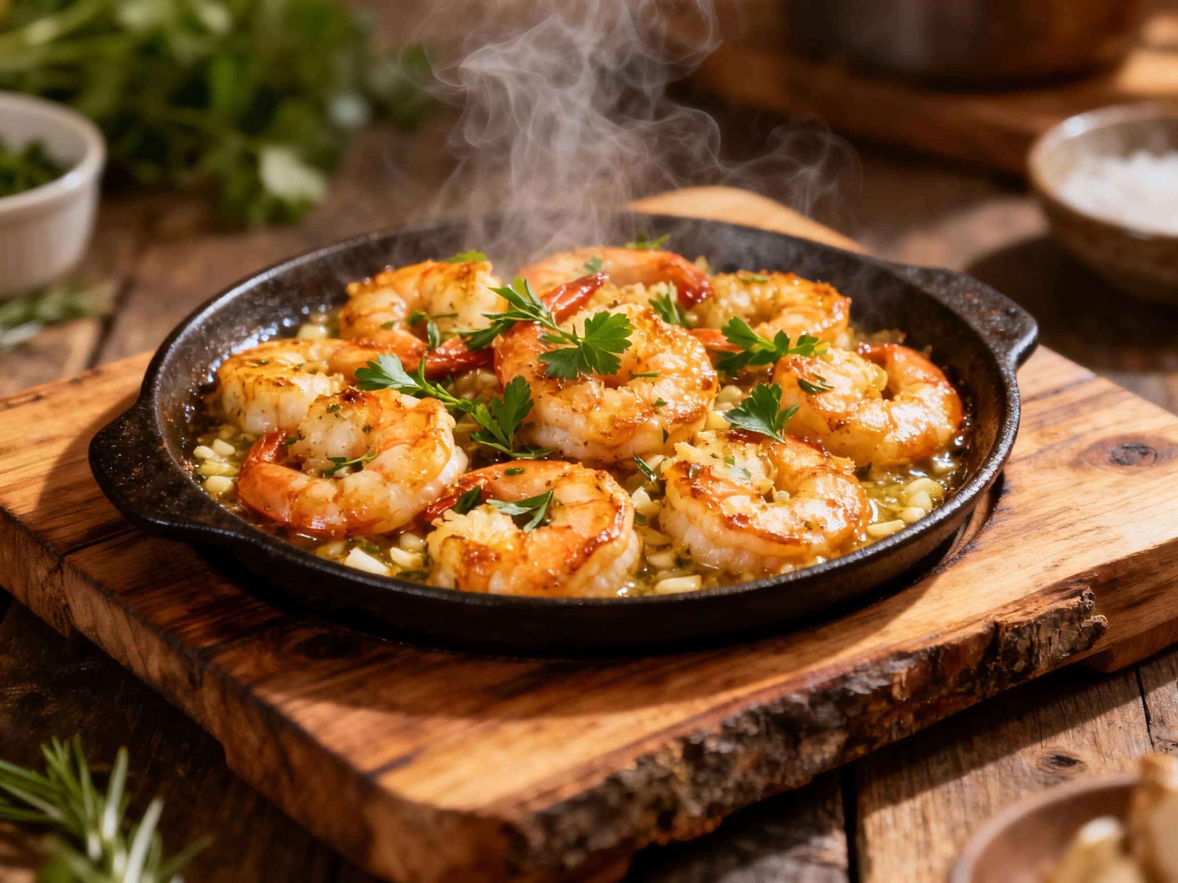 Juicy shrimp are sautéed in fragrant garlic butter, then generously sprinkled with fresh, vibrant green herbs atop a rustic wooden board, ready to be served.