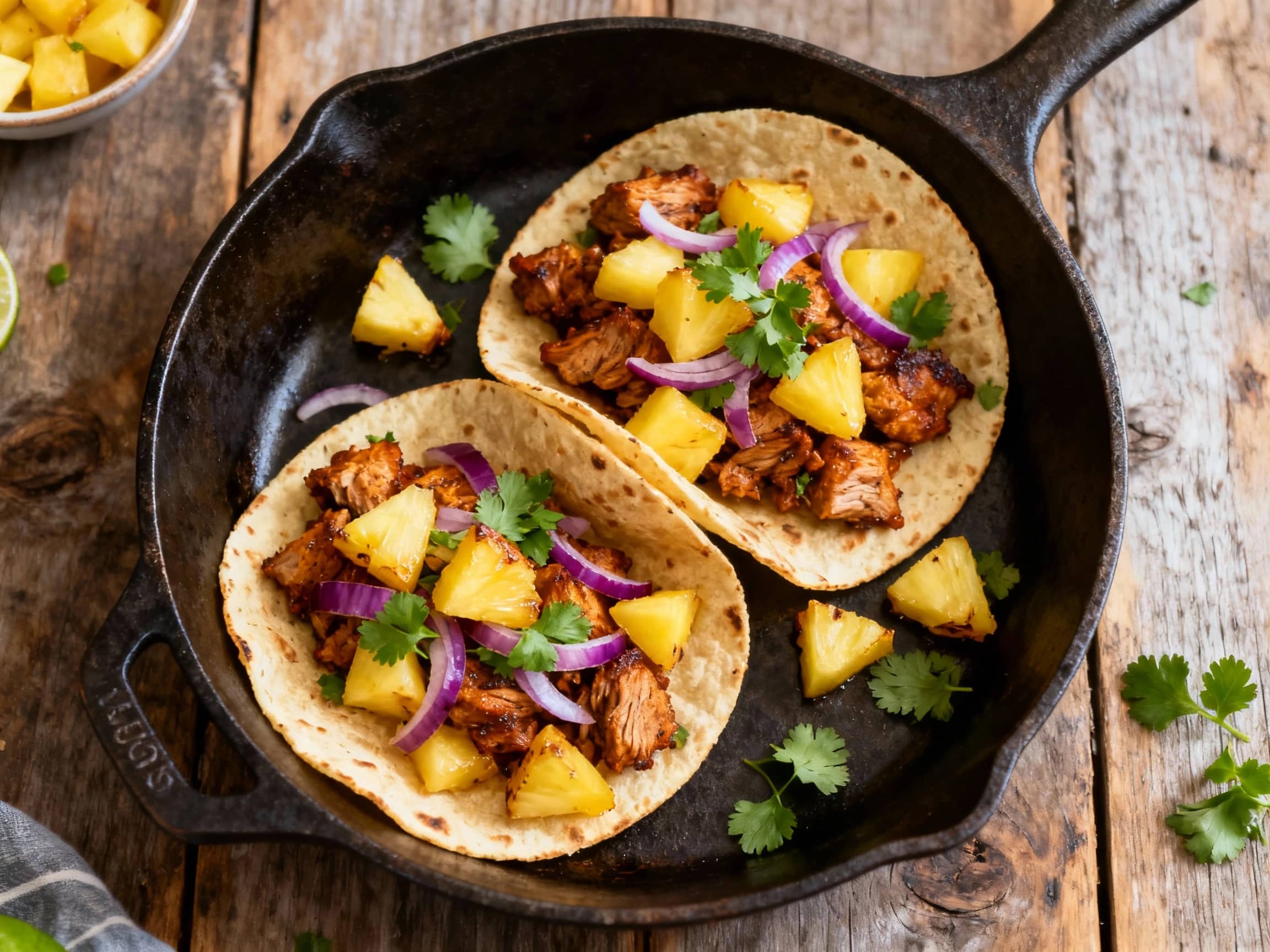 Juicy, spiced pork shoulder in an al pastor style is piled high in soft corn tortillas, garnished with fresh cilantro and diced white onion, ready to be devoured.