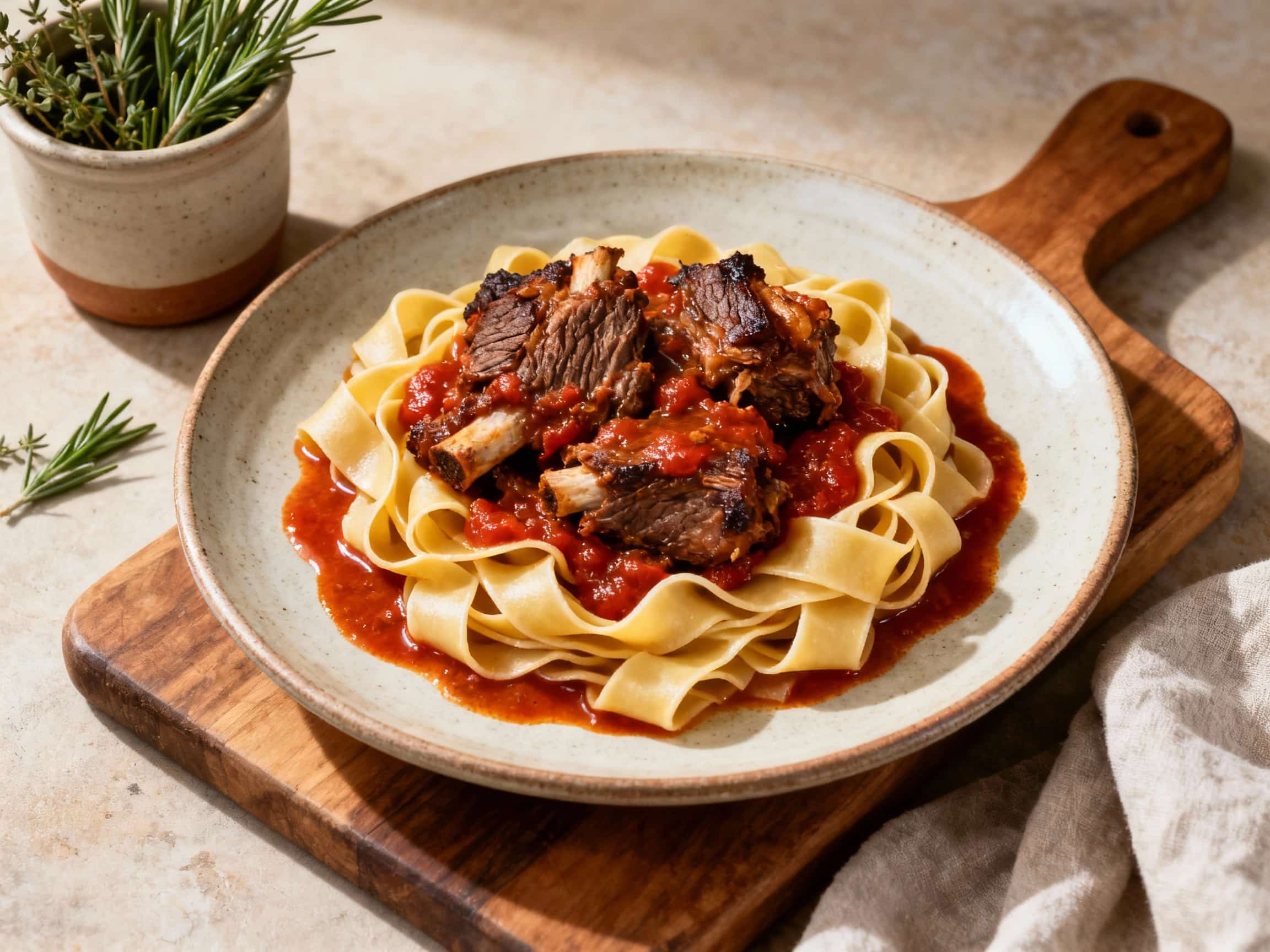 Tender, shredded beef short rib ragu is piled high on a bed of wide pappardelle pasta, glistening with rich sauce and topped with fresh green herbs.