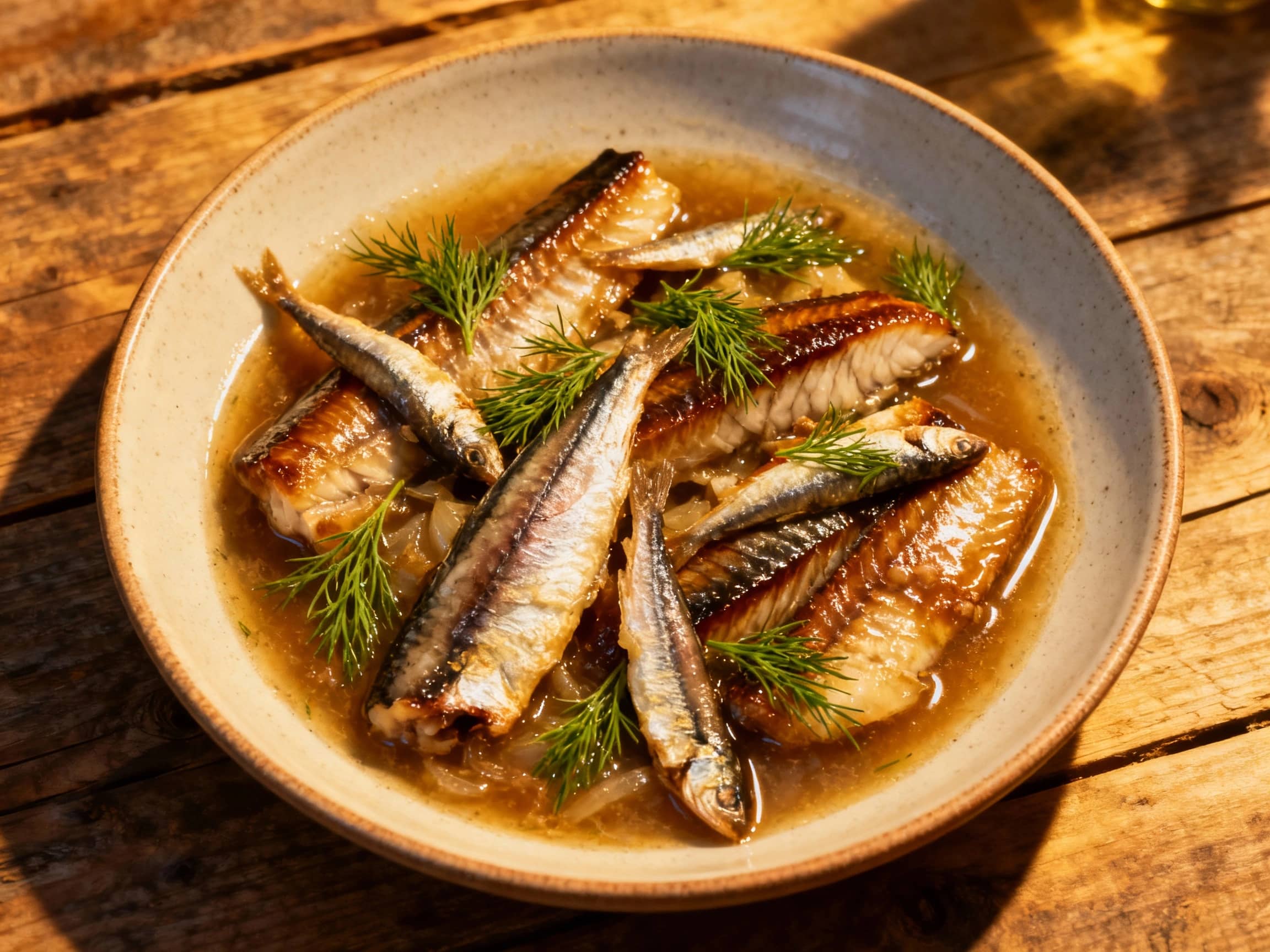 A rustic, earthenware bowl brimming with tender eel stew, its rich gravy flecked with dill and anchovies, served hot on a wooden table under warm lighting.