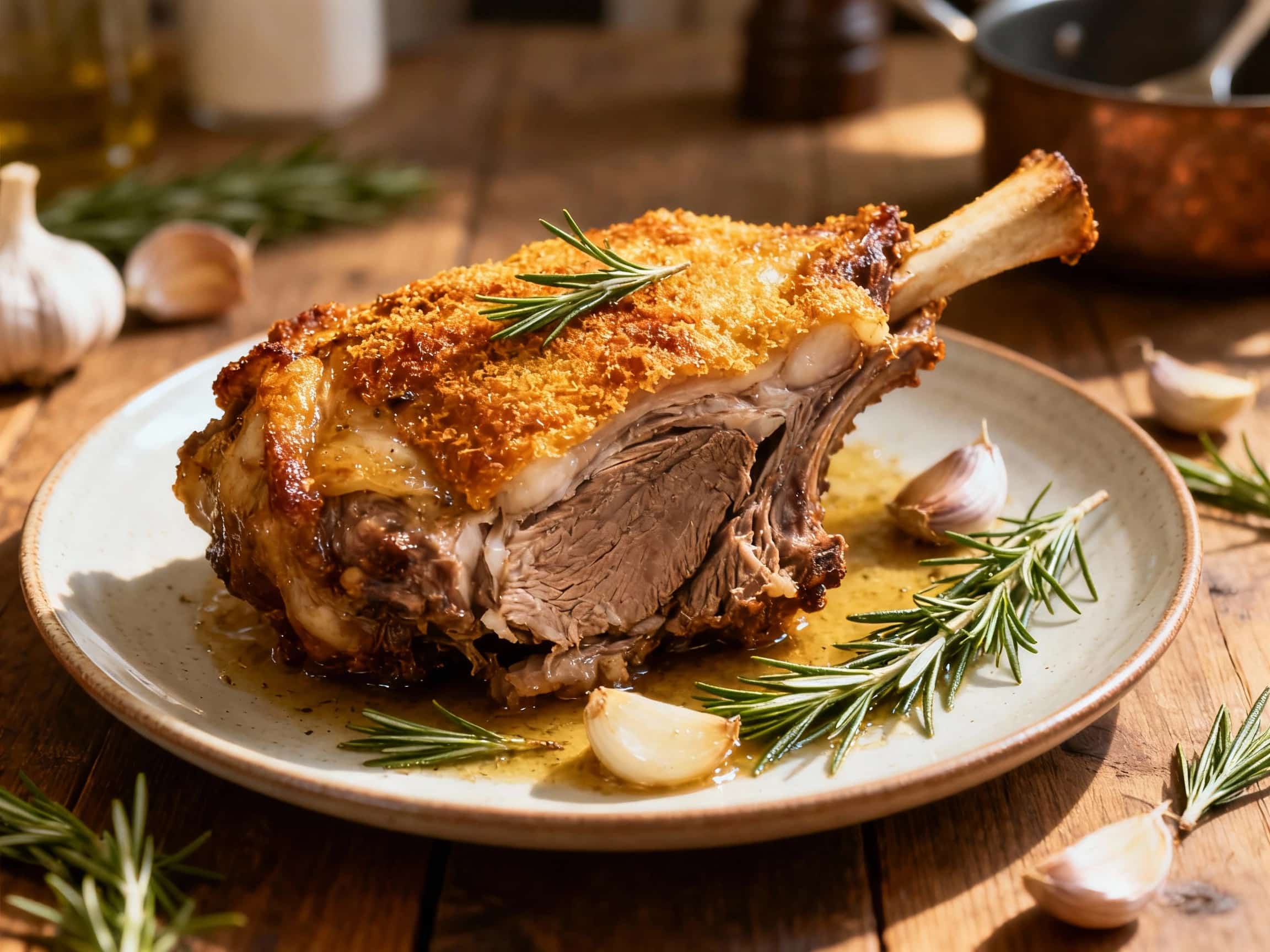 A beautifully browned, slow-cooked lamb shoulder rests on a rustic wooden board, tender meat falling off the bone, garnished with fresh rosemary sprigs and roasted garlic cloves.