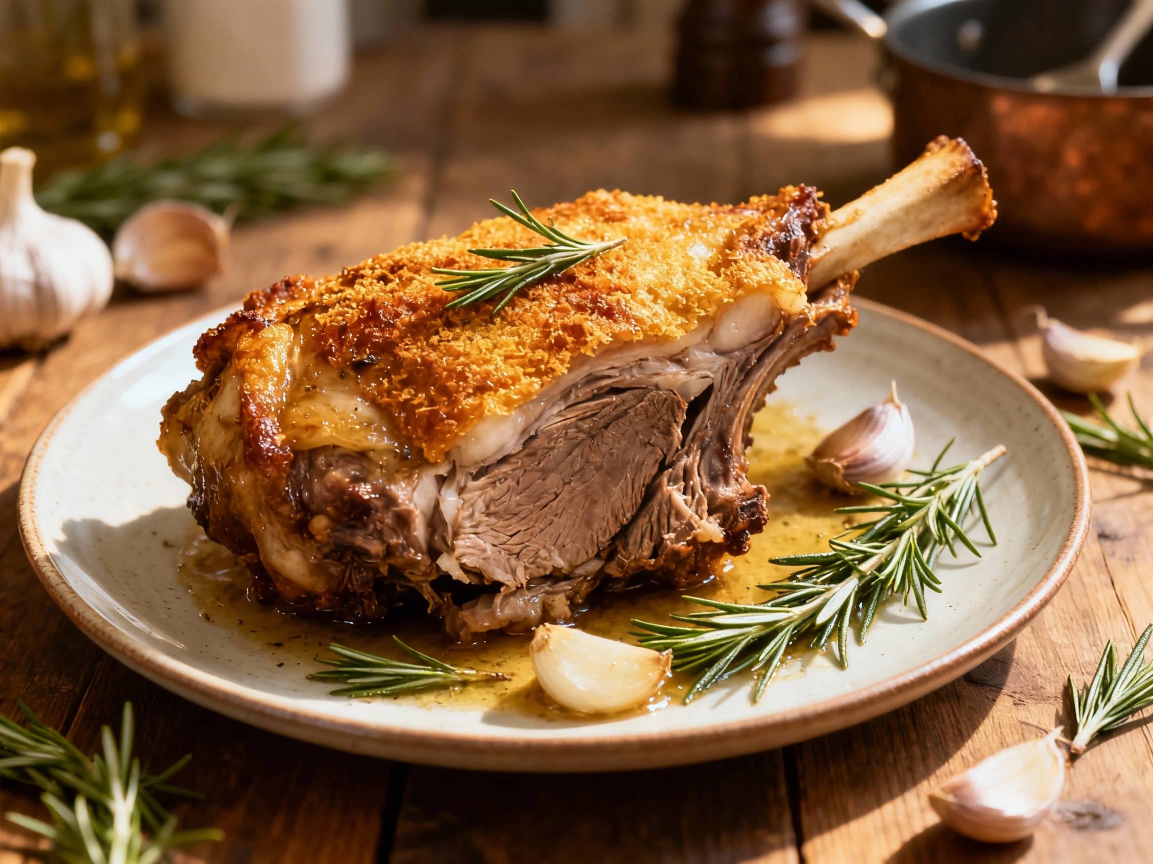 A beautifully browned, slow-cooked lamb shoulder rests on a rustic wooden board, tender meat falling off the bone, garnished with fresh rosemary sprigs and roasted garlic cloves.