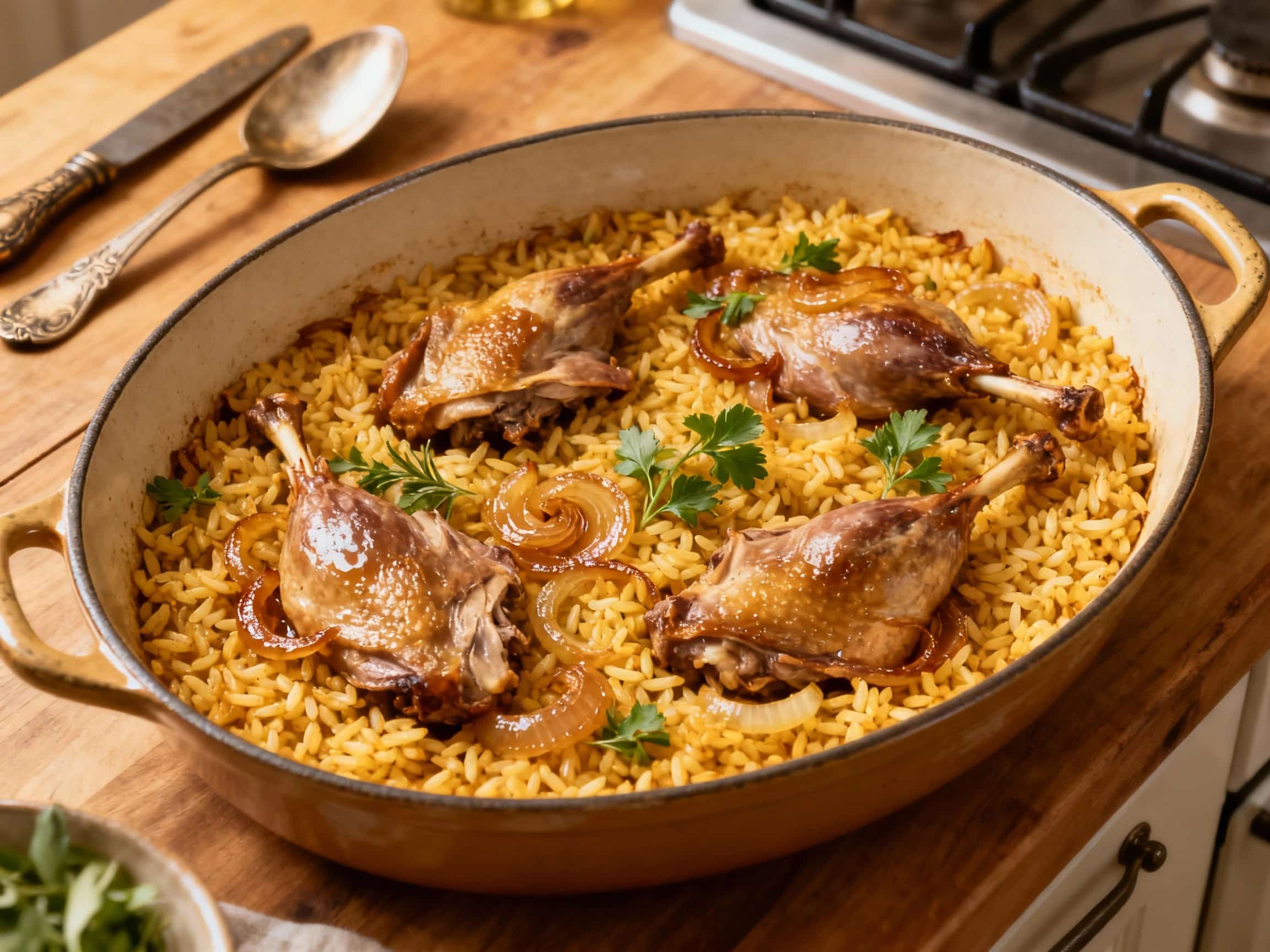 A comforting slow cooker arroz de pato casserole, a savory duck and rice dish, is served golden brown in a rustic ceramic dish, ready to be enjoyed.