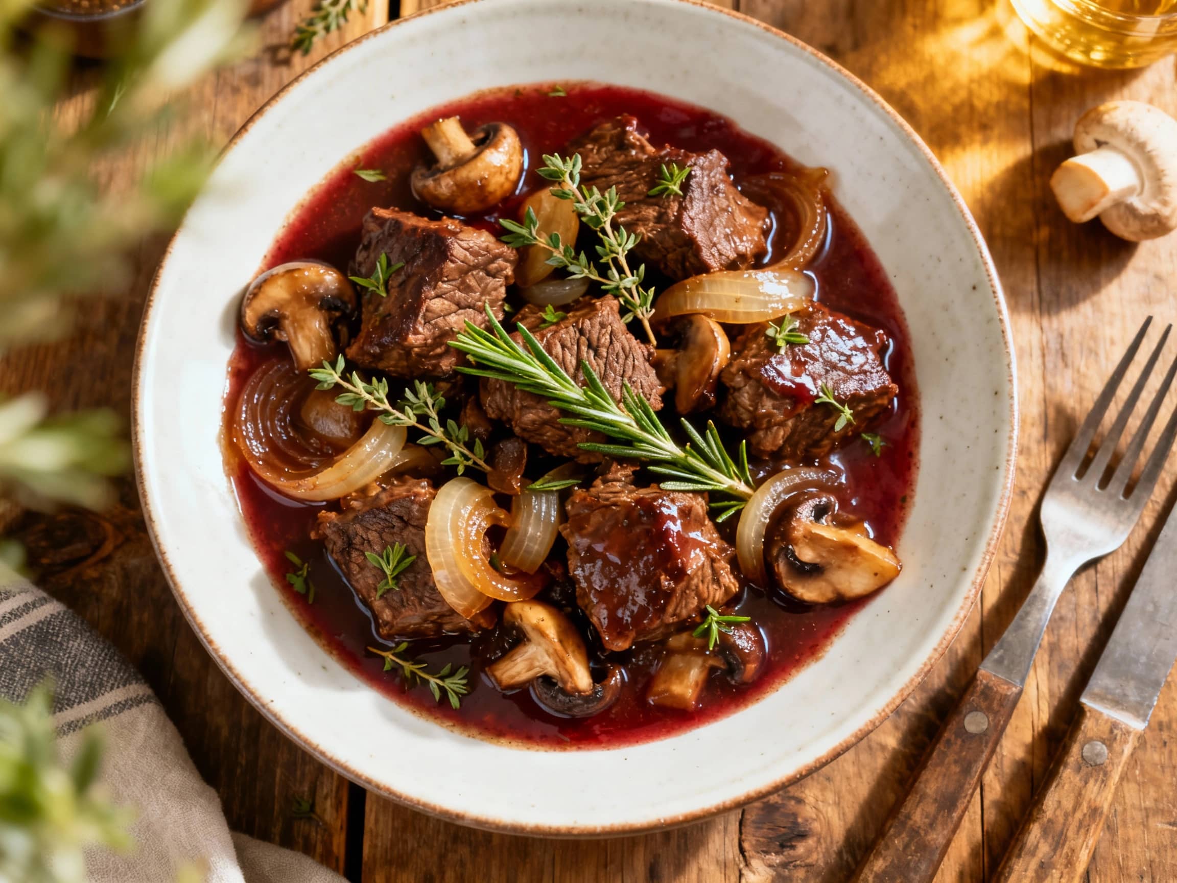 A rich, glossy beef bourguignon simmers in a dark earthenware crock, with tender chunks of beef, pearl onions, and mushrooms bathing in a savory red wine sauce, garnished with fresh green herbs.