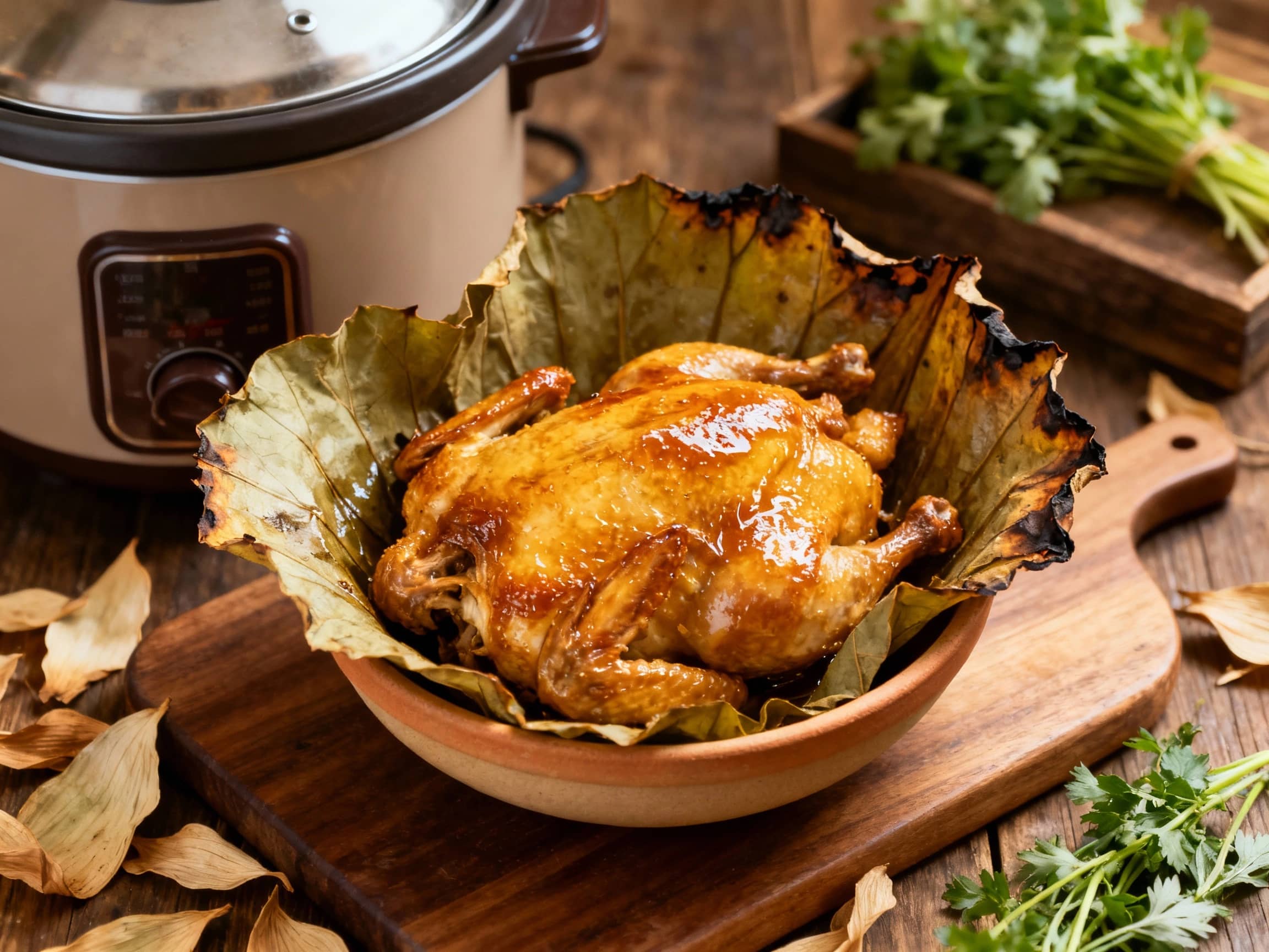 A whole, tender chicken, glistening with sauce and fragrant aromatics, is expertly wrapped in lotus leaves, ready to be slow-cooked to perfection for a truly succulent meal.