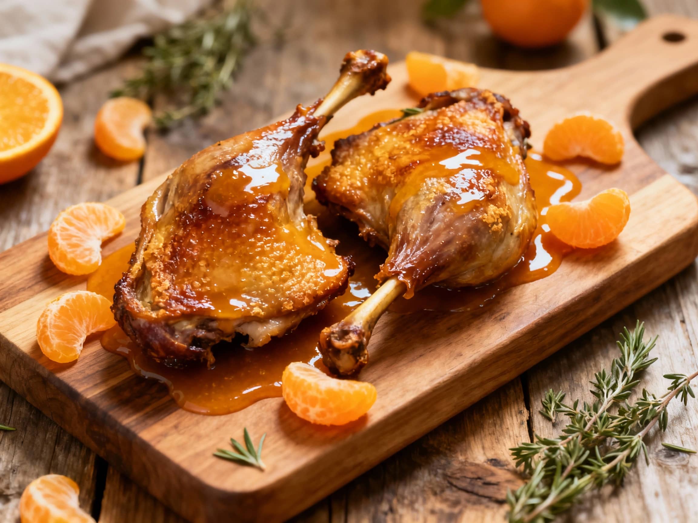 Tender, glistening duck legs slow-cooked to perfection, glazed in a vibrant, sweet mandarin orange sauce, and artfully arranged on a rustic wooden board, ready to be savored.
