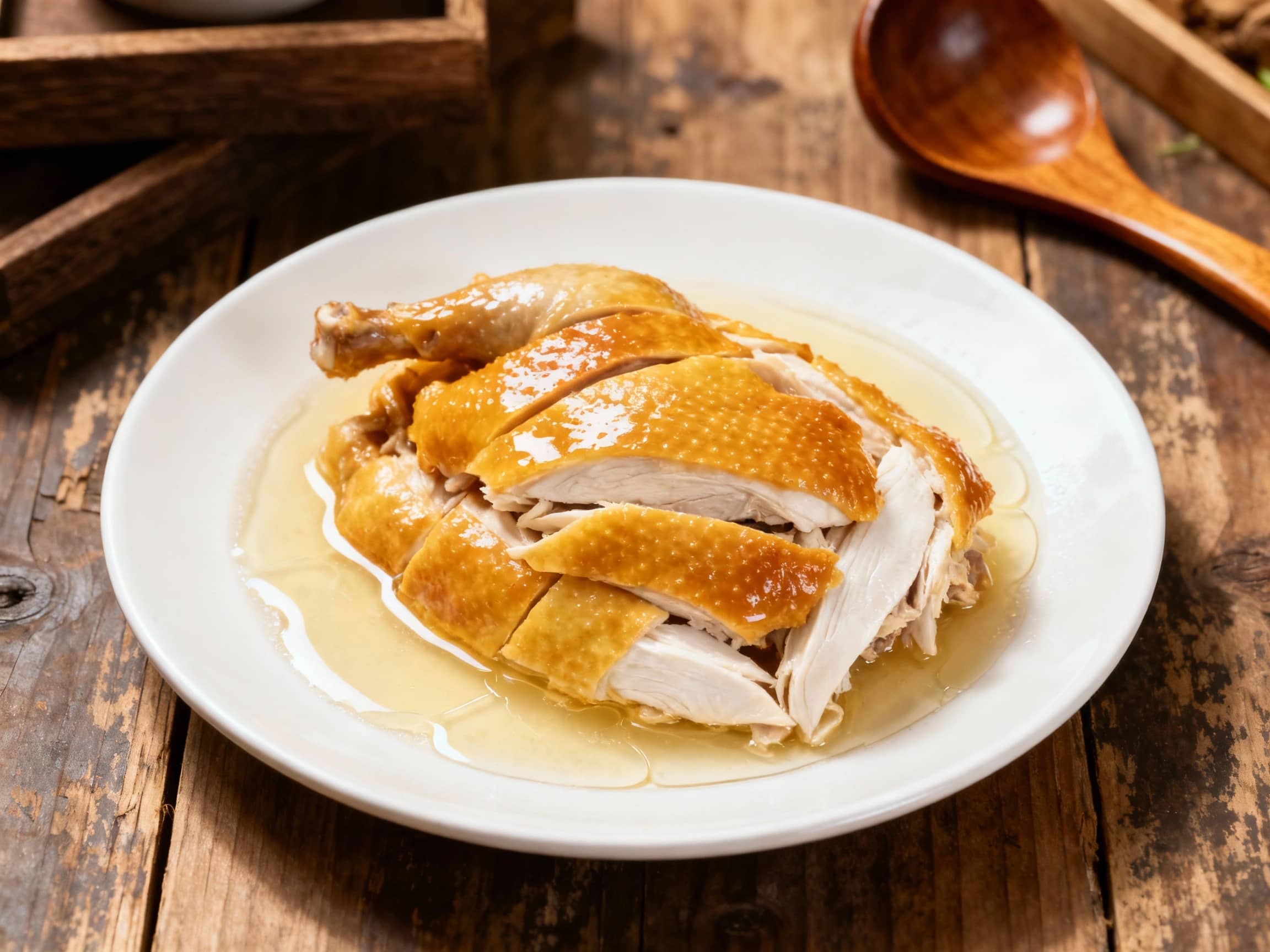 Tender, juicy poached chicken, glistening with fragrant oils, rests in a subtle broth, garnished with vibrant cilantro and sliced red chilies on a clean white plate.