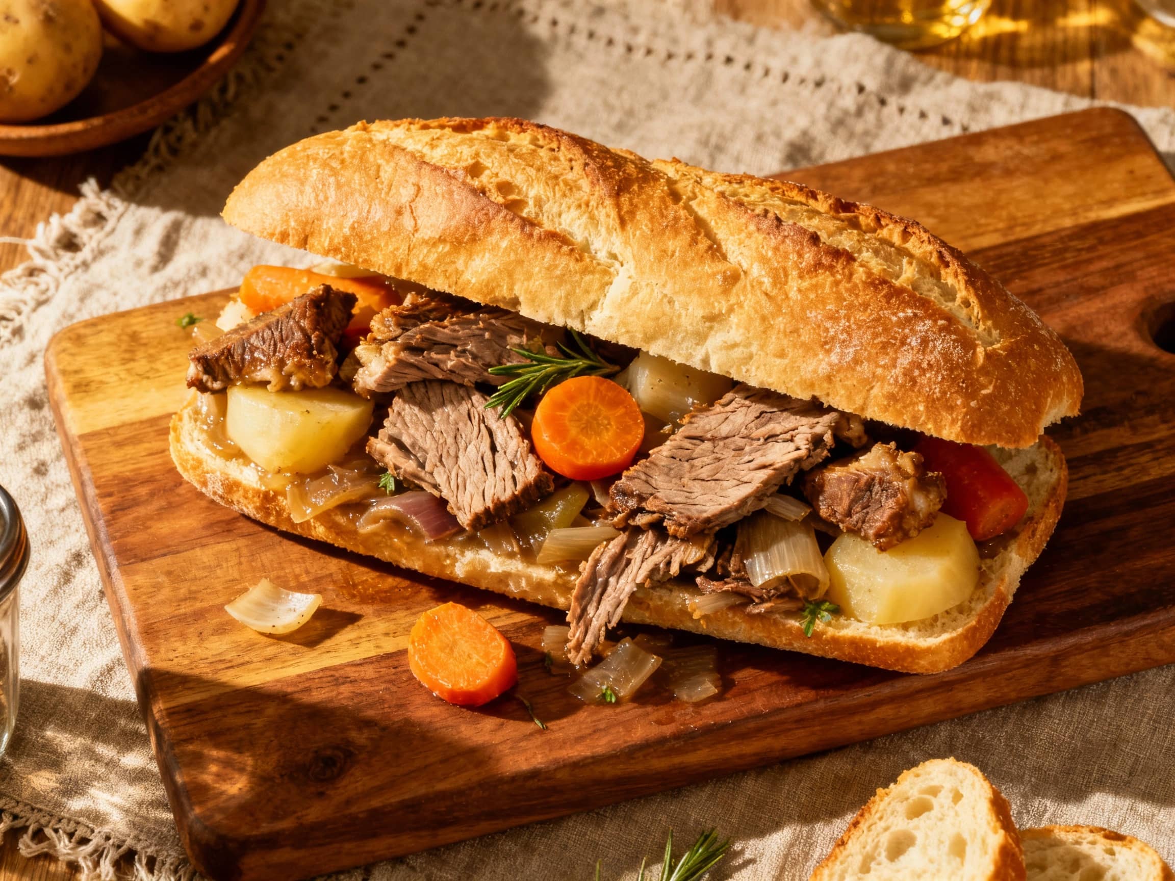 Juicy beef pot-au-feu, simmered until tender, is piled high on crusty bread dippers, ready to be dunked into the rich, savory broth.