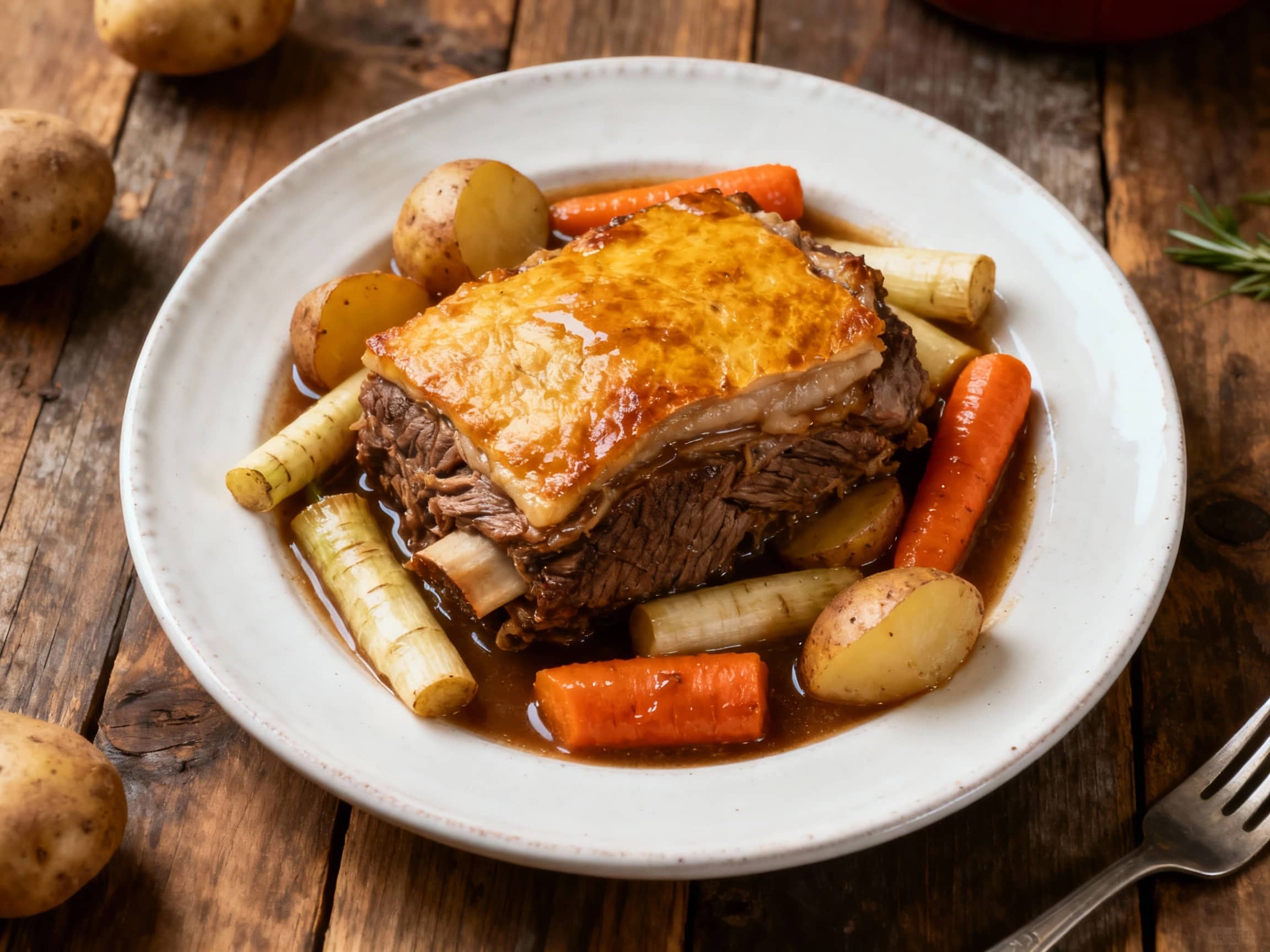 A hearty slow cooker pot roast, nestled among tender carrots, parsnips, and potatoes in a rich brown gravy, is ready to be served.
