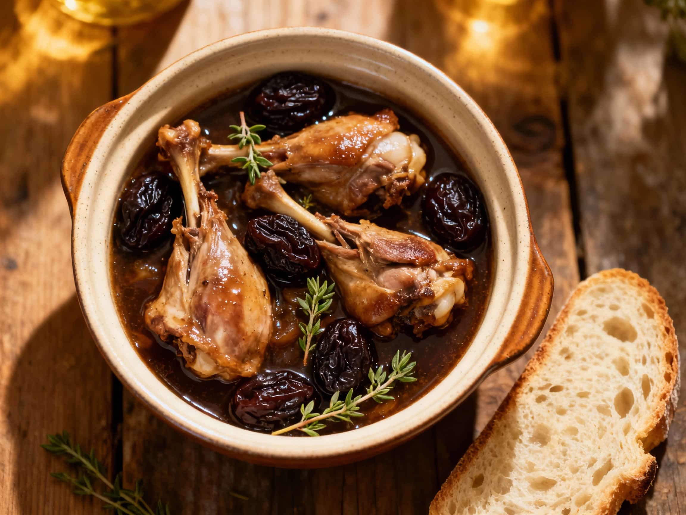 Tender pieces of rabbit and plump prunes simmer in a rich, aromatic stew, garnished playfully with fresh rosemary sprigs.
