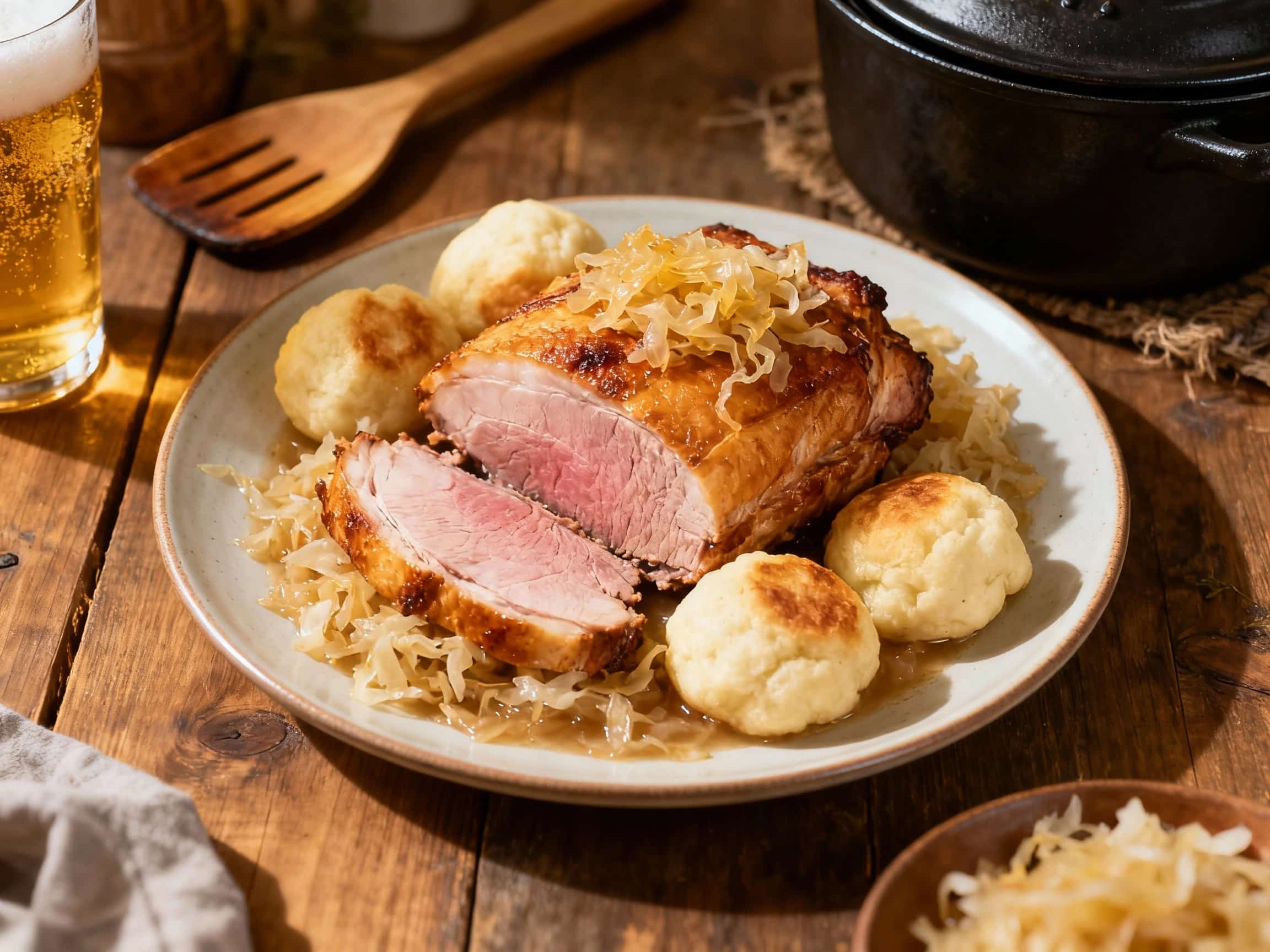 Hearty slow cooker roast pork shoulder braised in beer sits atop a bed of tangy sauerkraut, with fluffy dumplings nestled alongside, creating a comforting and rustic meal perfect for any occasion.