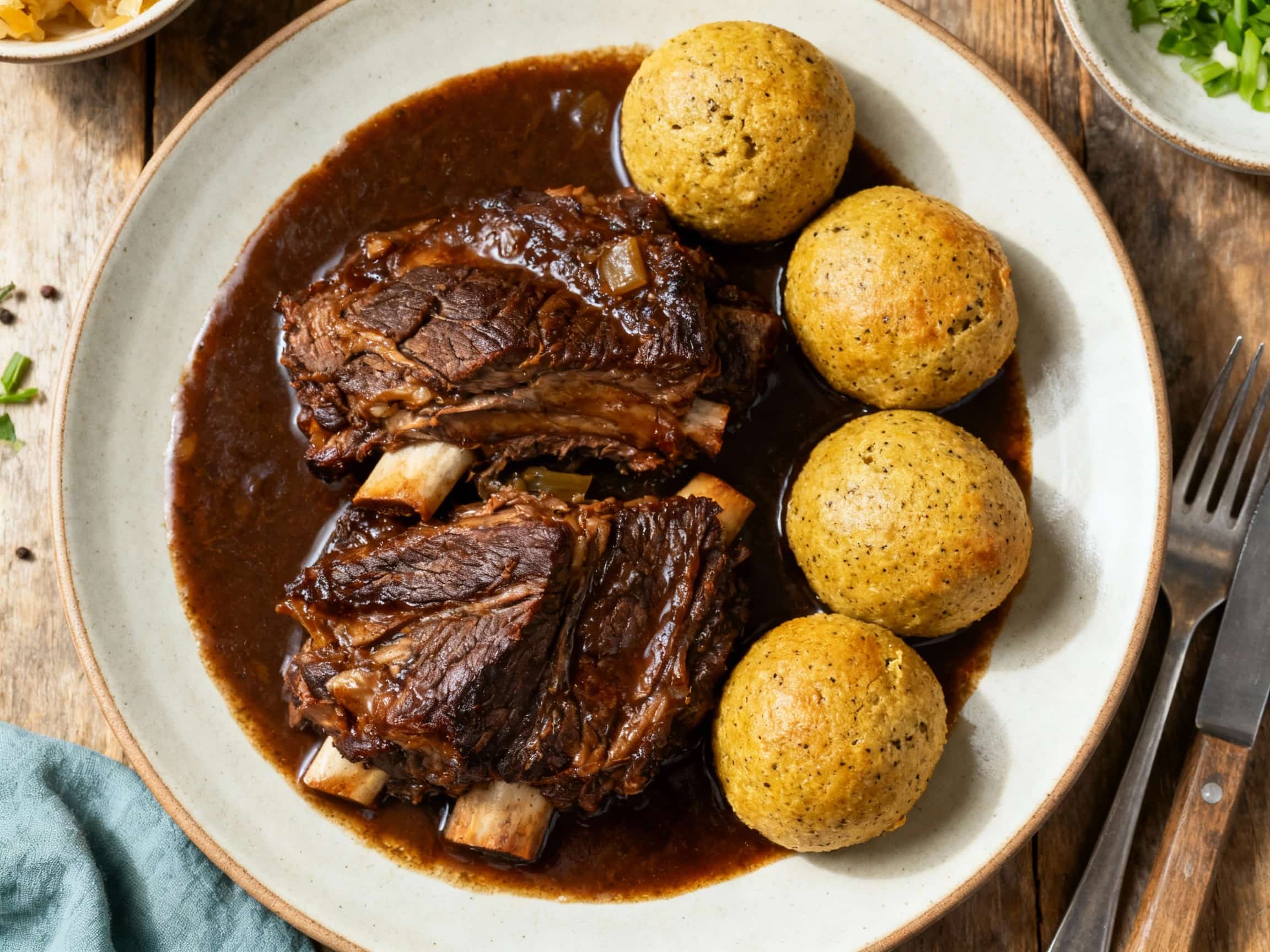 Tender, fall-apart beef short ribs, bathed in a rich, dark gravy, sit regally atop fluffy, dark pumpernickel dumplings, promising a hearty and comforting meal.