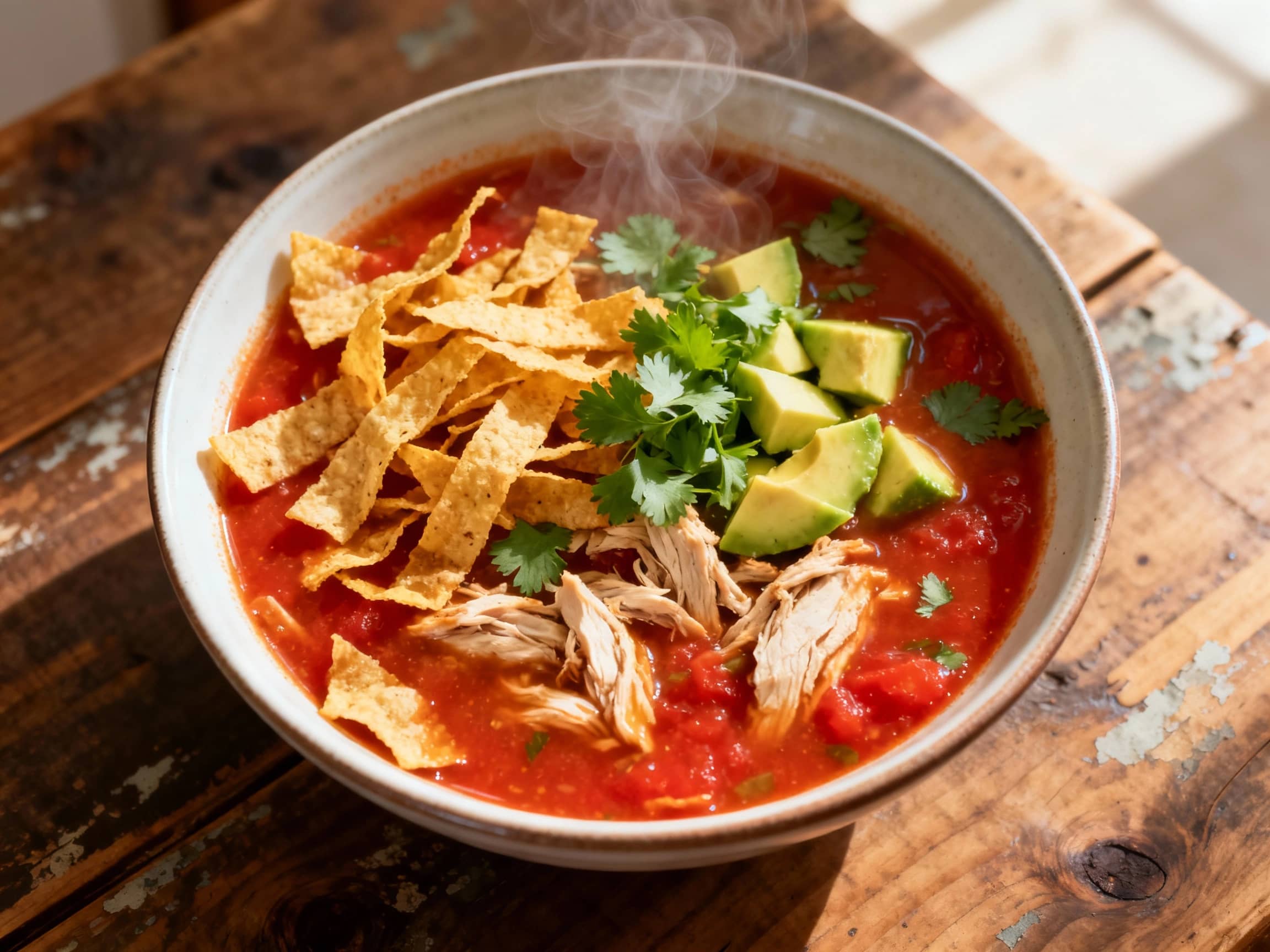 A hearty bowl of tortilla soup, brimming with shredded chicken, black beans, and corn, topped with crispy tortilla strips, fresh cilantro, and a swirl of sour cream, garnished with avocado slices.