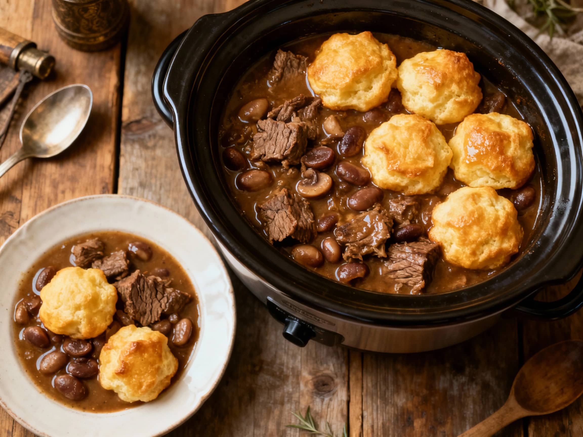 A hearty, dark brown steak and kidney stew fills a ceramic slow cooker insert, topped with fluffy, golden-brown dumplings and a scattering of fresh parsley.