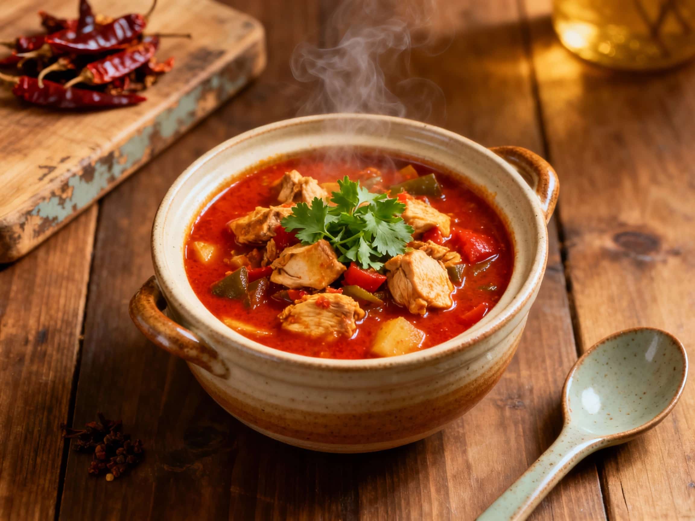 A vibrant red curry chicken dish simmers in a slow cooker, its rich, aromatic sauce generously coating tender chicken pieces, ready to be served with steamed rice.