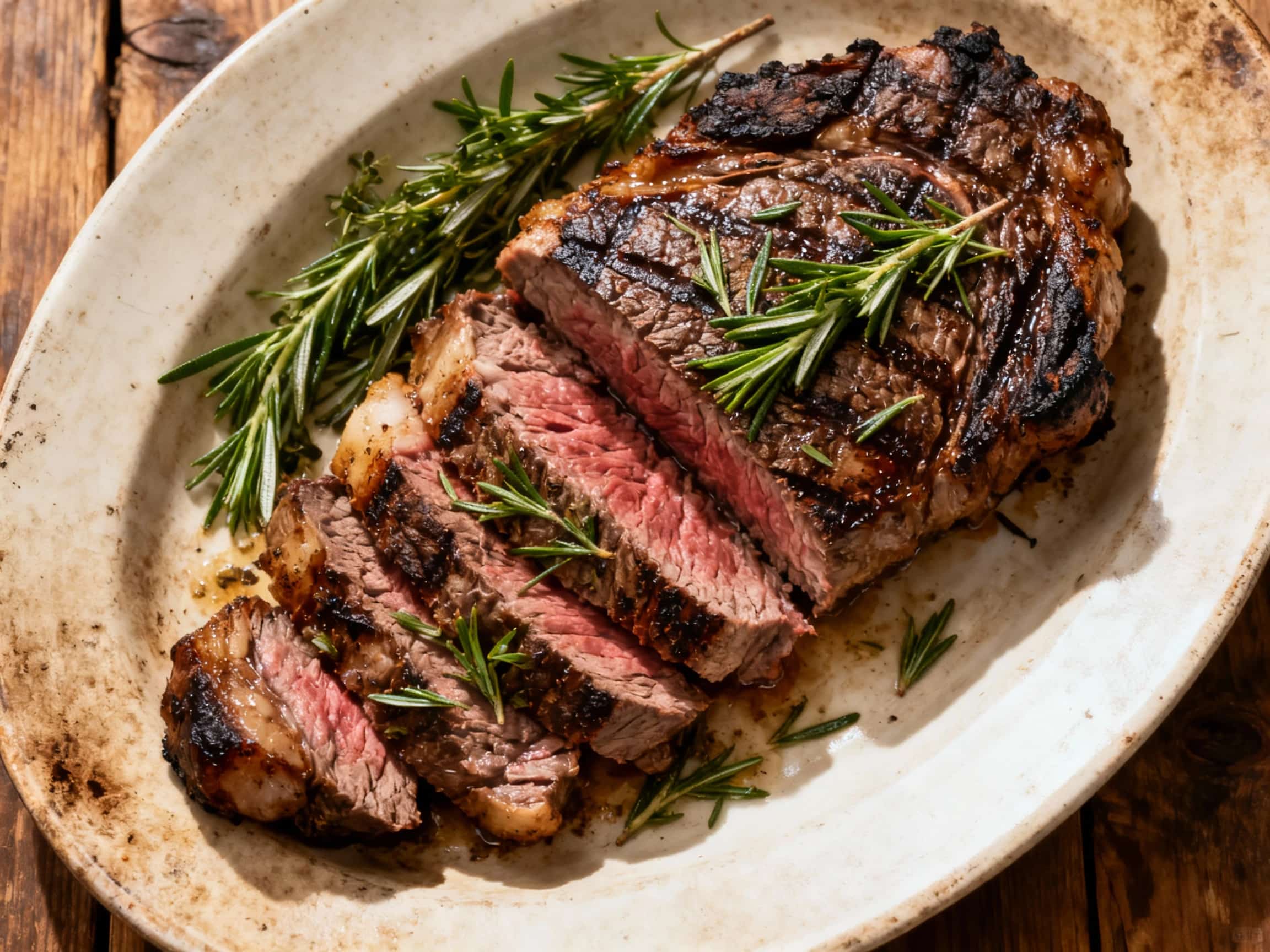 A perfectly grilled Fiorentina steak, boasting a beautiful char and juicy interior, rests on a rustic wooden board garnished with fresh rosemary and thyme.