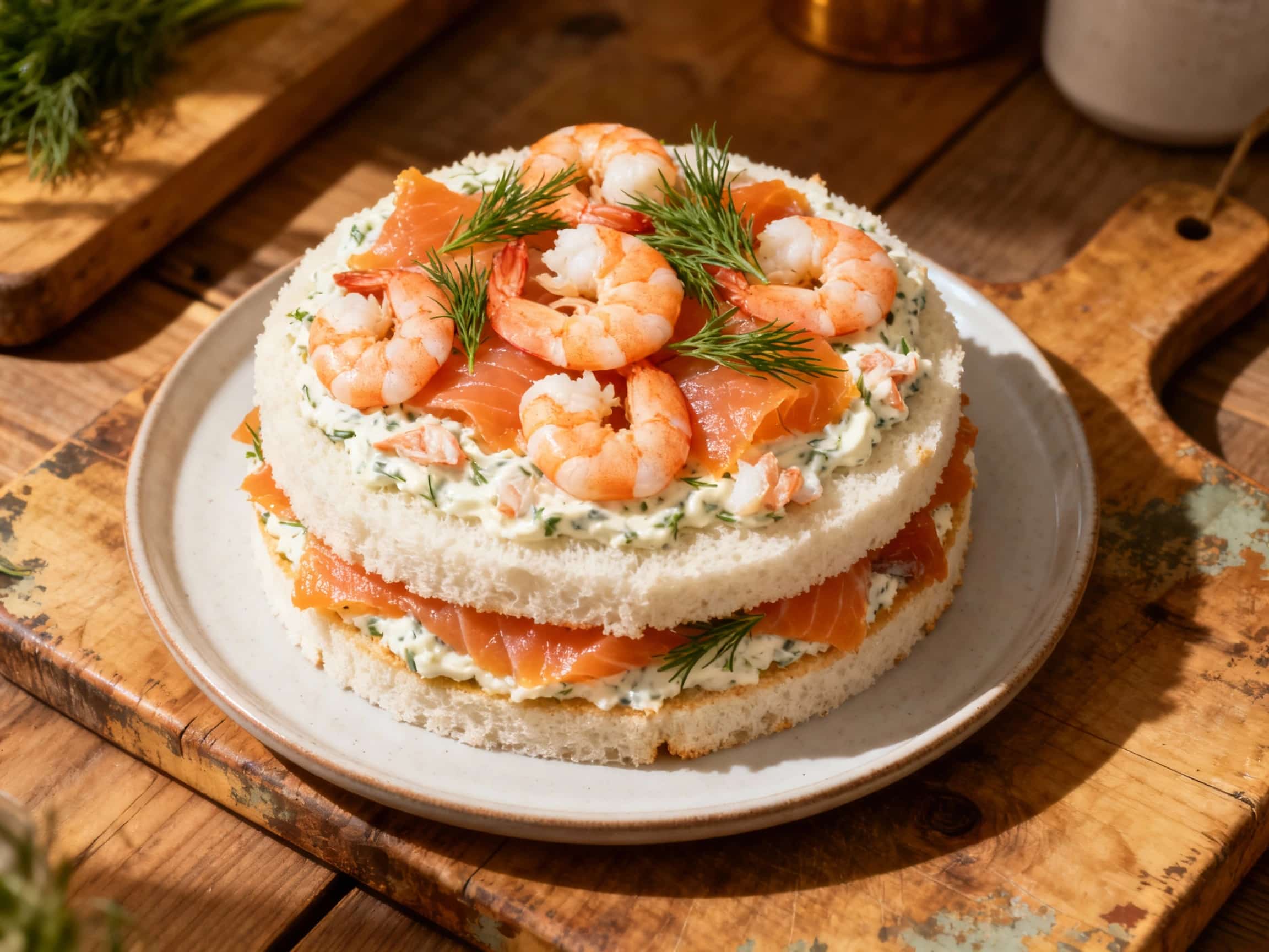 A beautifully decorated Swedish seafood layer cake, or smörgåstårta, is presented on a rustic wooden board, adorned with shrimp, dill, and lemon slices.