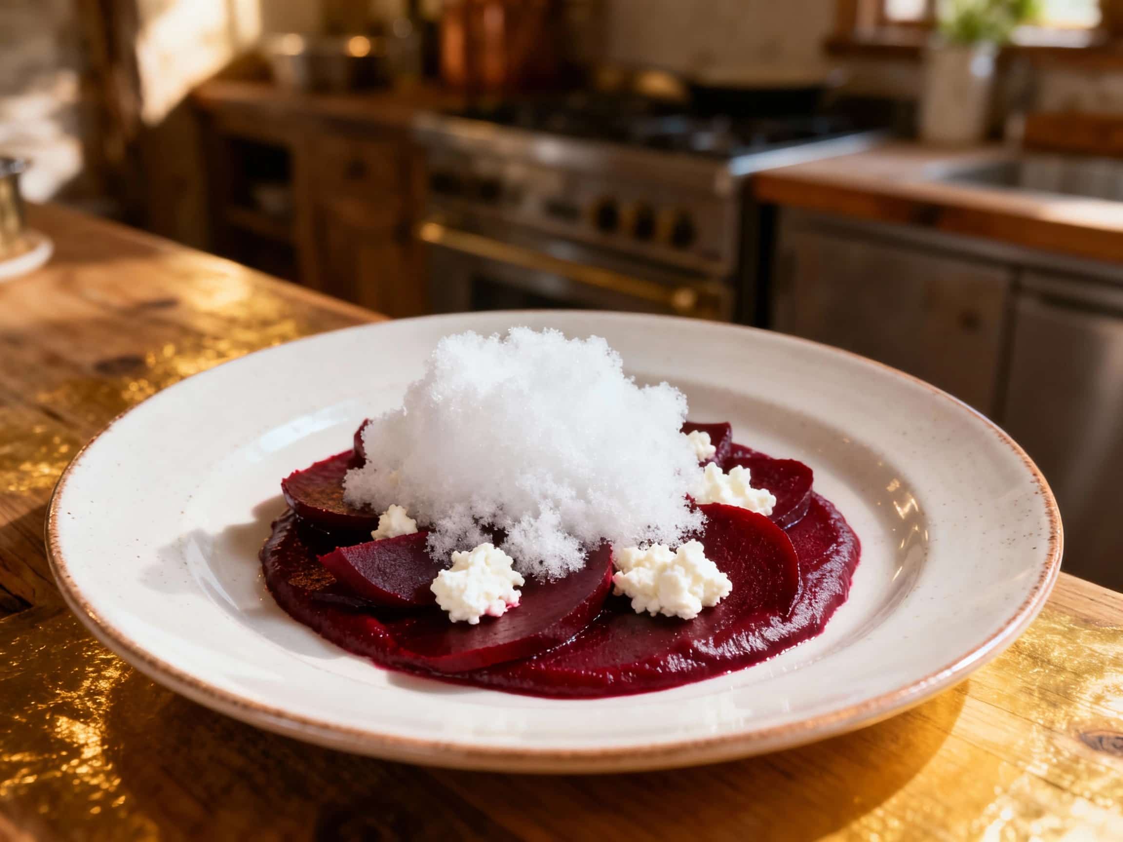 Plump, deep purple smoked beetroots form a vibrant base beneath a delicate, airy foam, topped with a dusting of creamy goat cheese snow and fresh dill sprigs.