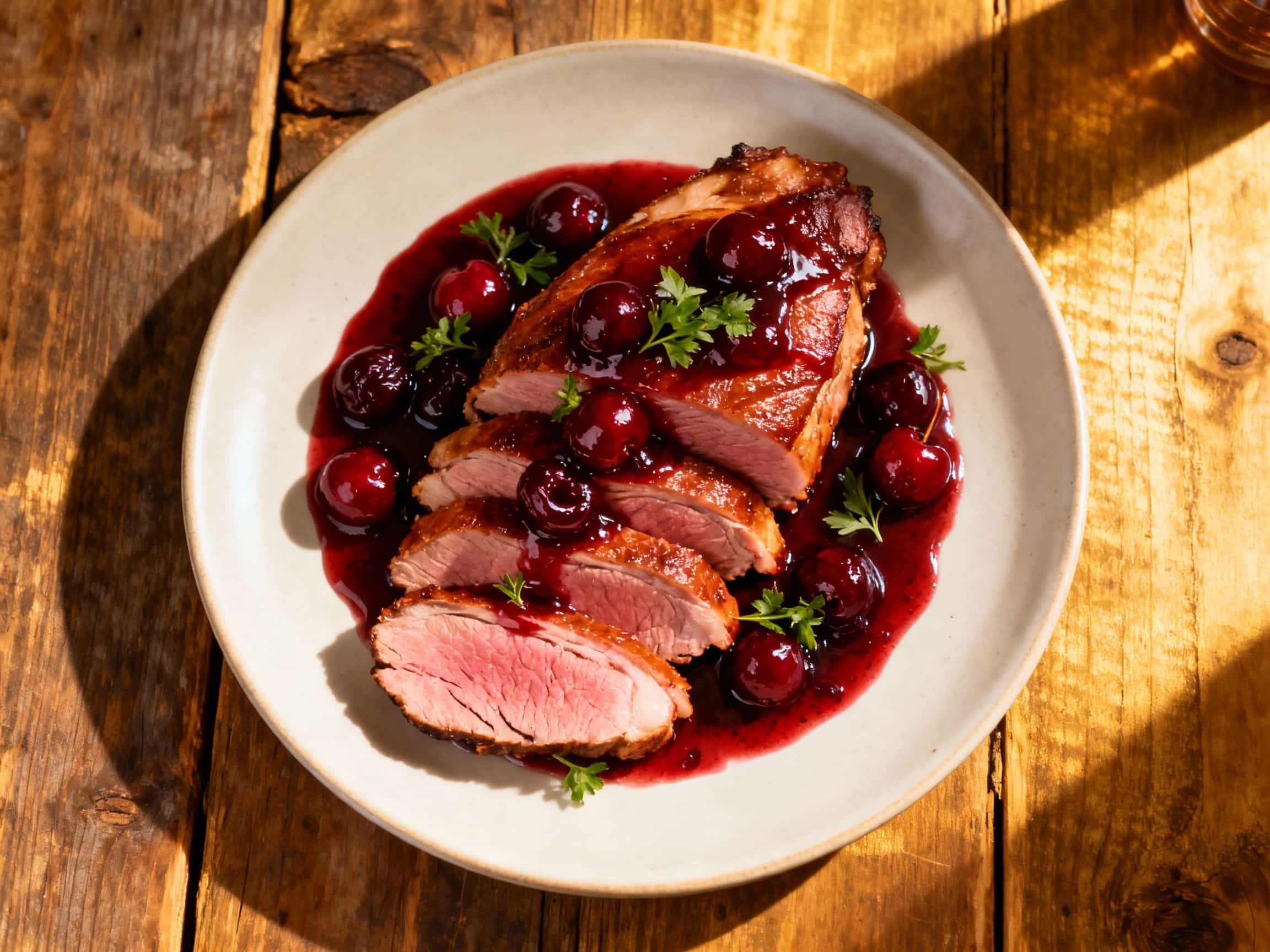 A perfectly cooked smoked duck breast is sliced and fanned out on a white plate, glistening with a rich cherry reduction sauce and garnished with fresh thyme.