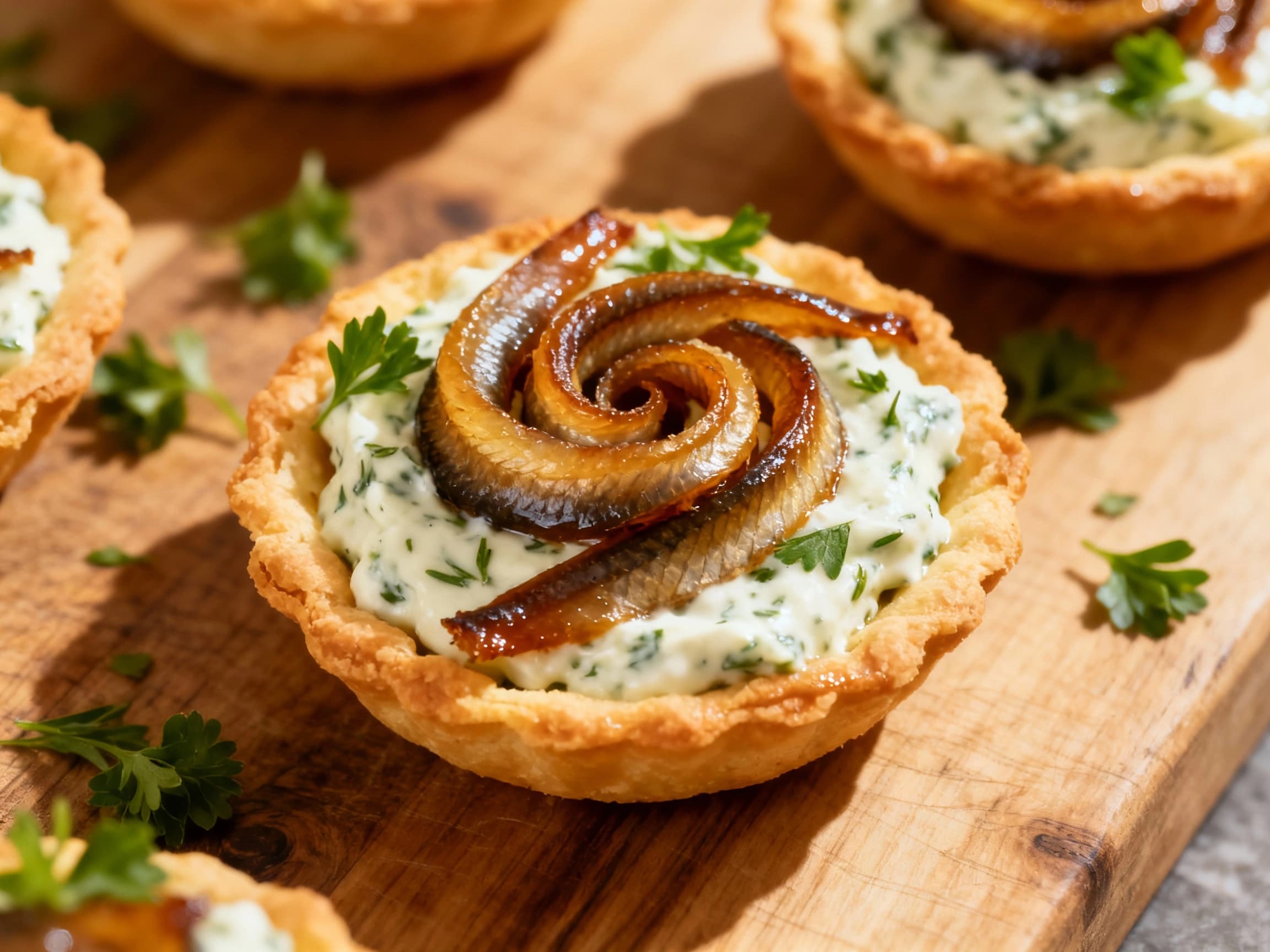 Smoked Eel Tartlets with Herb Crème