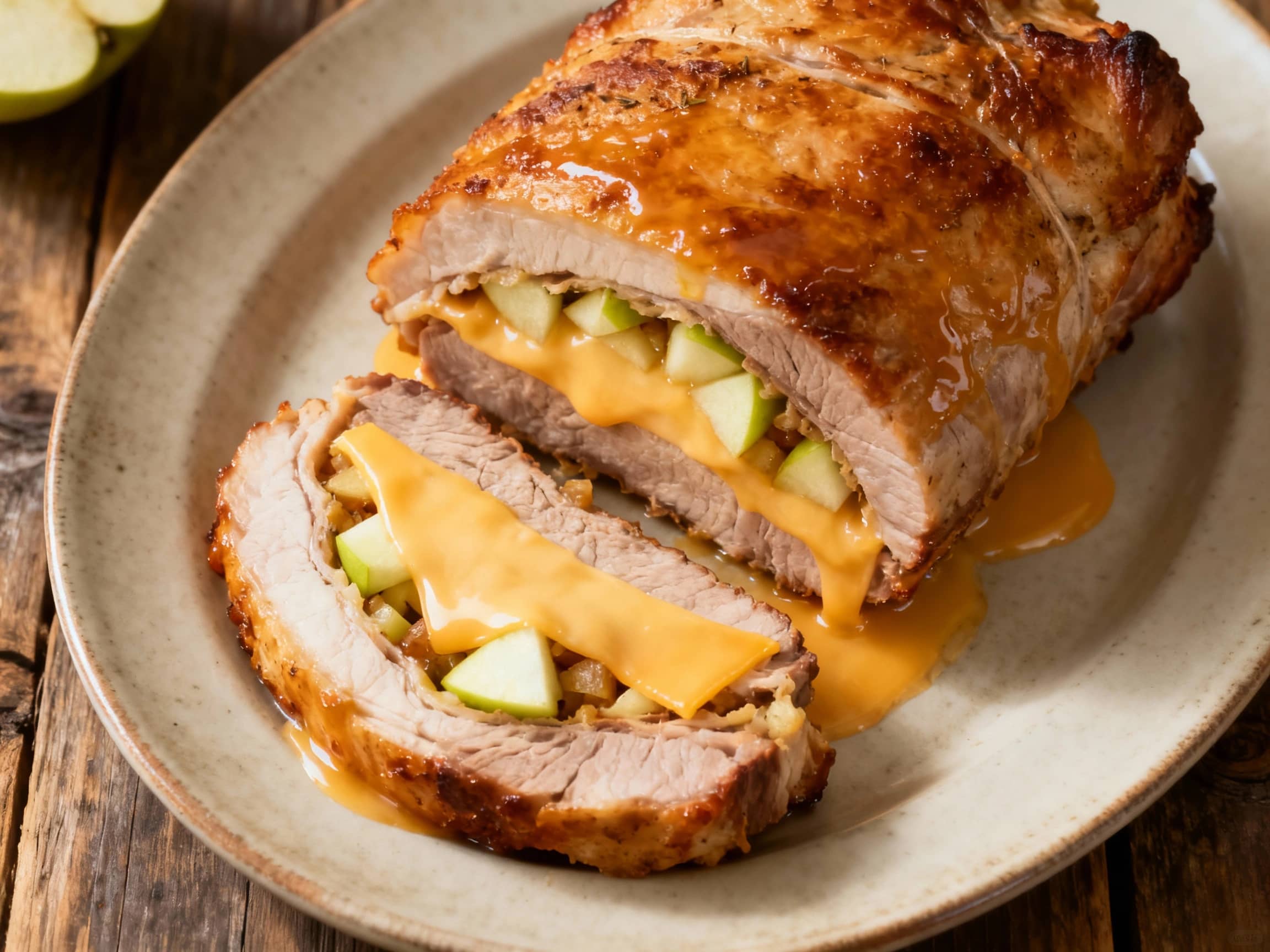 A beautifully roasted pork loin, stuffed with melted smoked Gouda cheese and sweet apple slices, is sliced and presented on a rustic wooden cutting board, ready to be enjoyed.