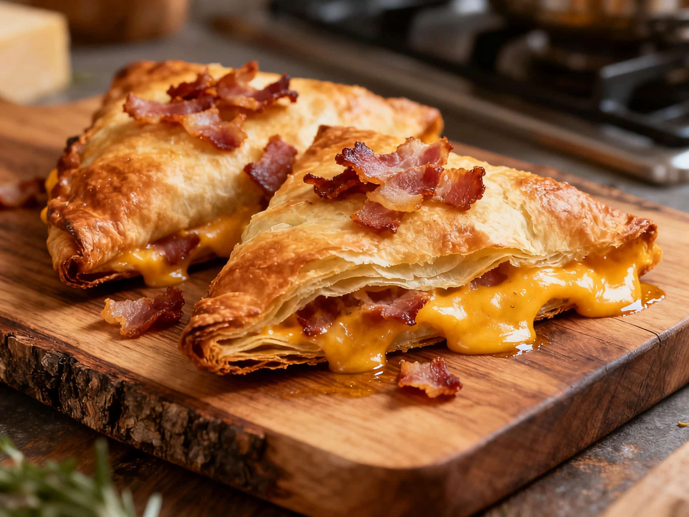 Several golden-brown, flaky Smoked Gouda and Bacon Turnovers are artfully arranged on a rustic wooden board. The top of one turnover is gently cut, revealing a gooey, melted smoked Gouda cheese filling studded with crispy bacon bits. The pastry exhibits visible layers and a beautiful shine from the egg wash. The overall setting suggests a cozy, gourmet snack or appetizer, inviting you to take a bi